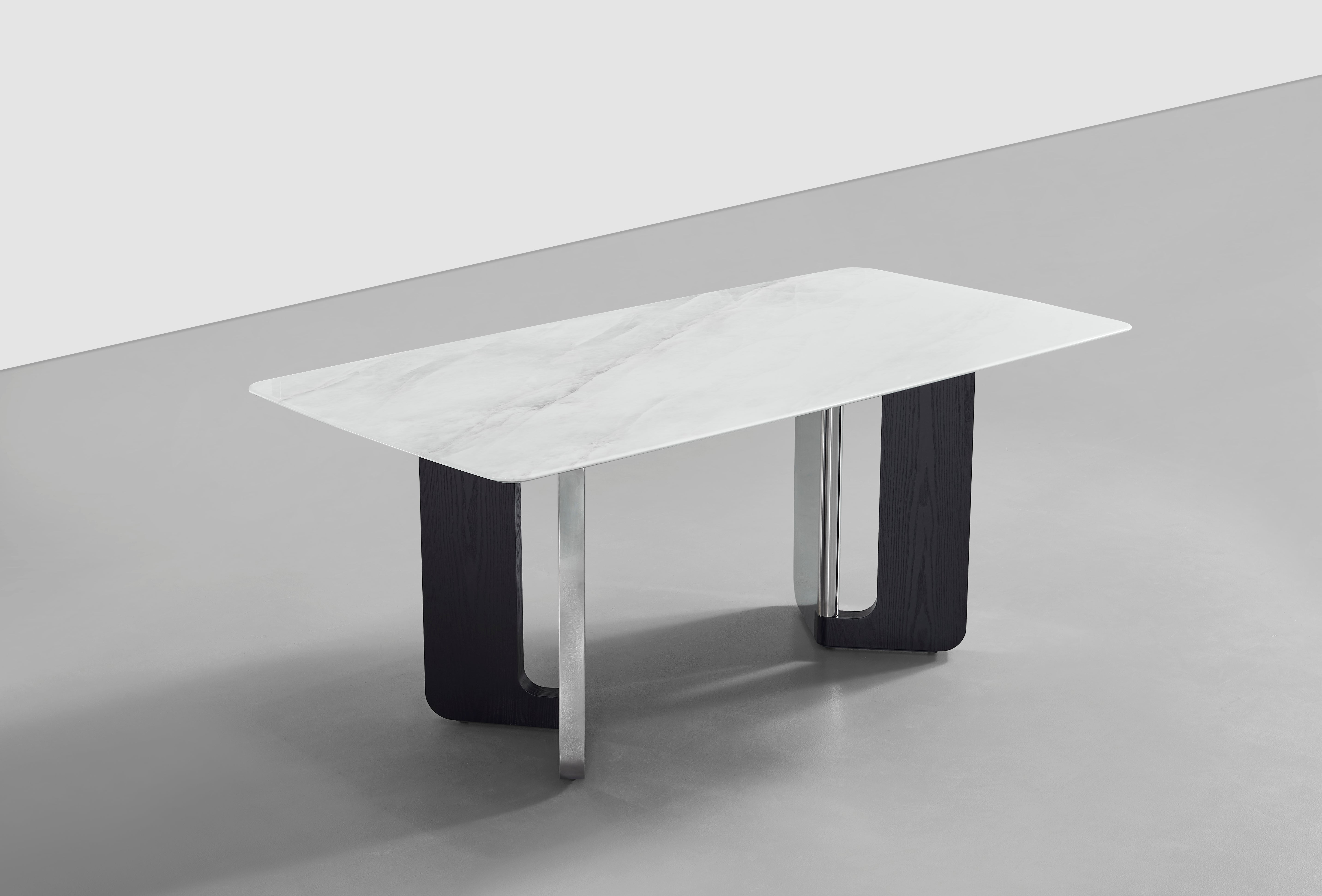 Lumino Fusion Dining Collection: Mirror Steel × Ash Veneer × Guangxi Iridescent Stone