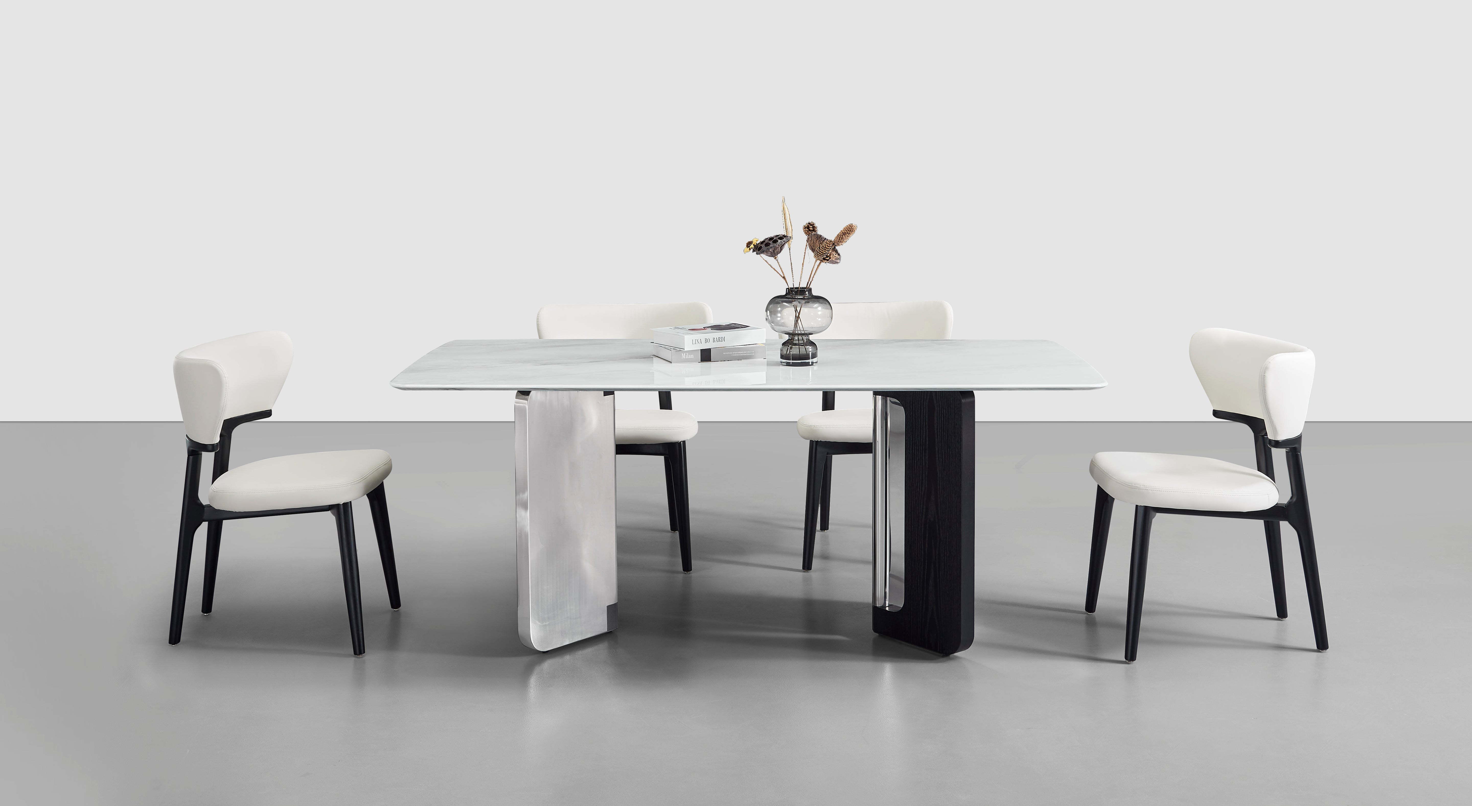 Lumino Fusion Dining Collection: Mirror Steel × Ash Veneer × Guangxi Iridescent Stone