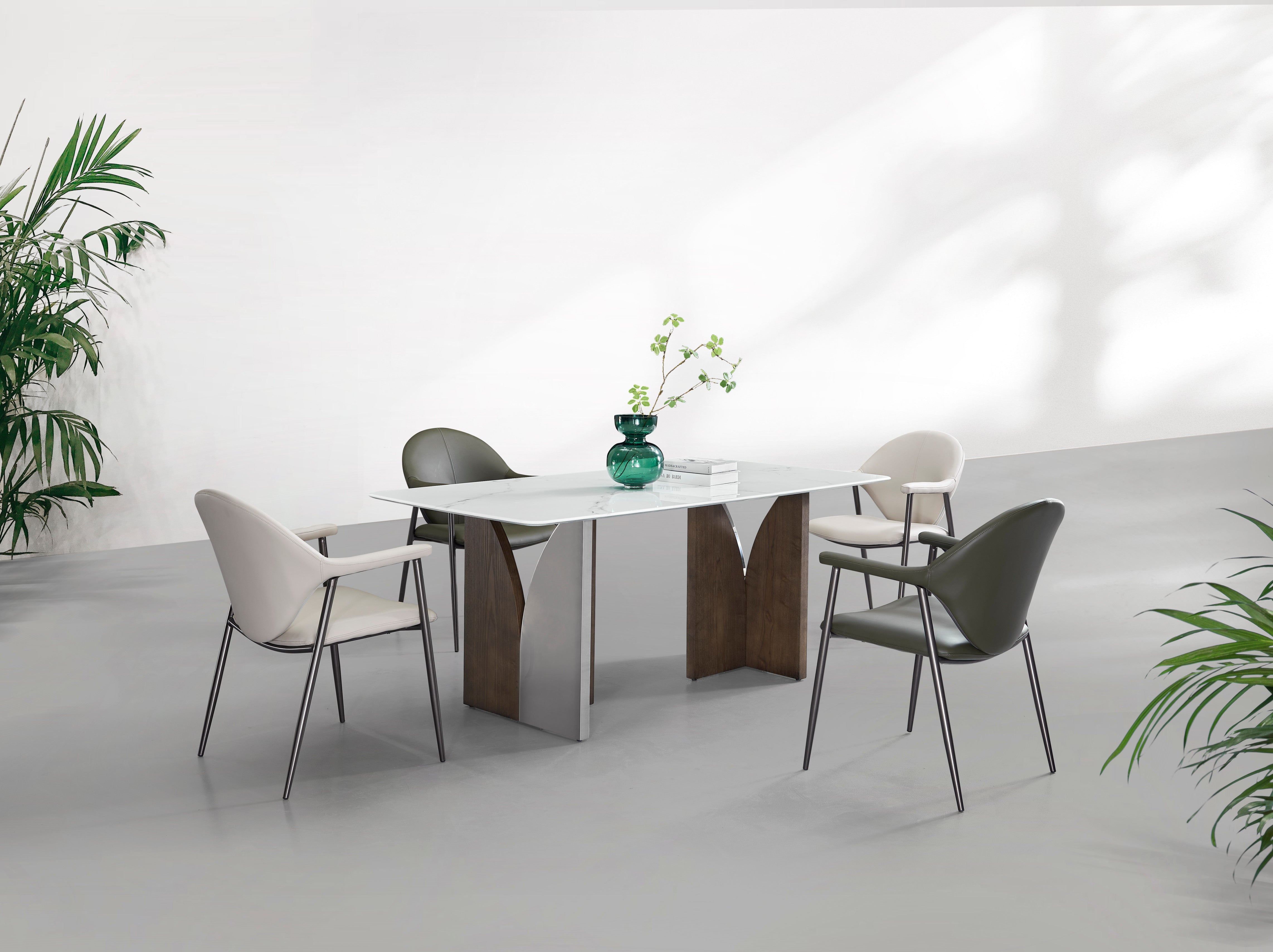 Lumino Fusion Dining Collection: Mirror Steel × Ash Veneer ×Artificial Marble