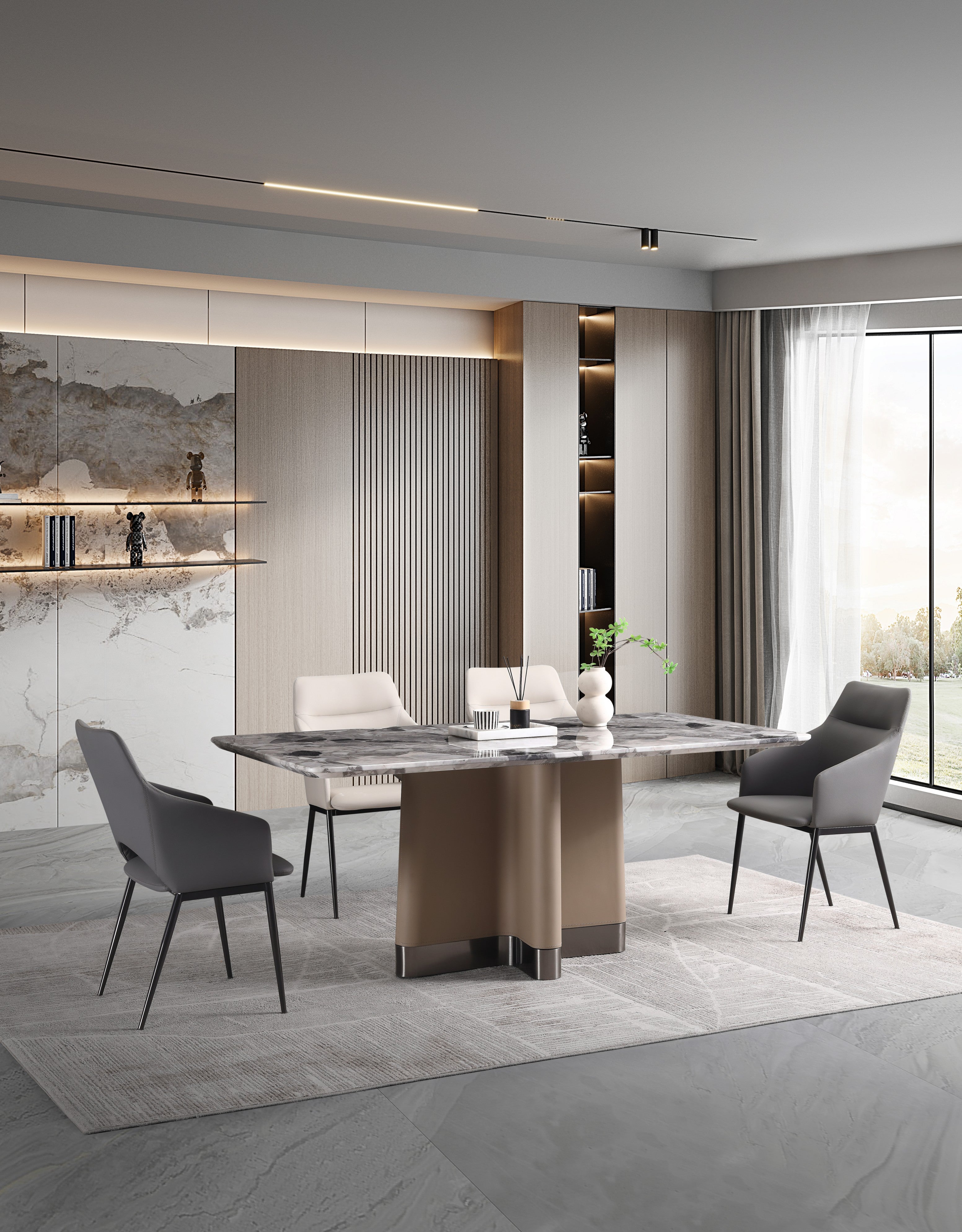 Urban Elegance Dining Table: Stainless Steel with Marble Top