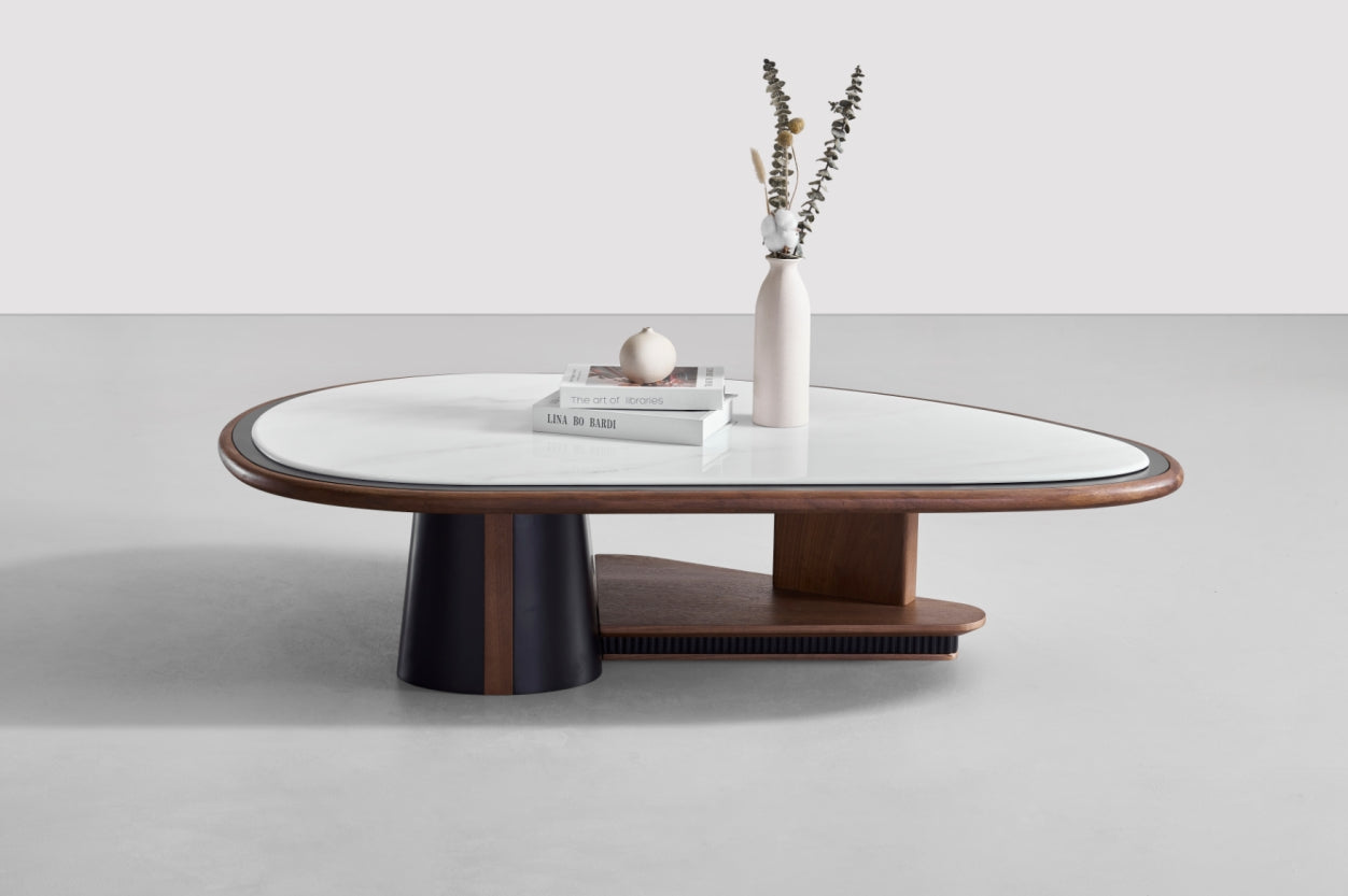Orion Modern Sculptural Coffee Table | Marble & Walnut Contrast