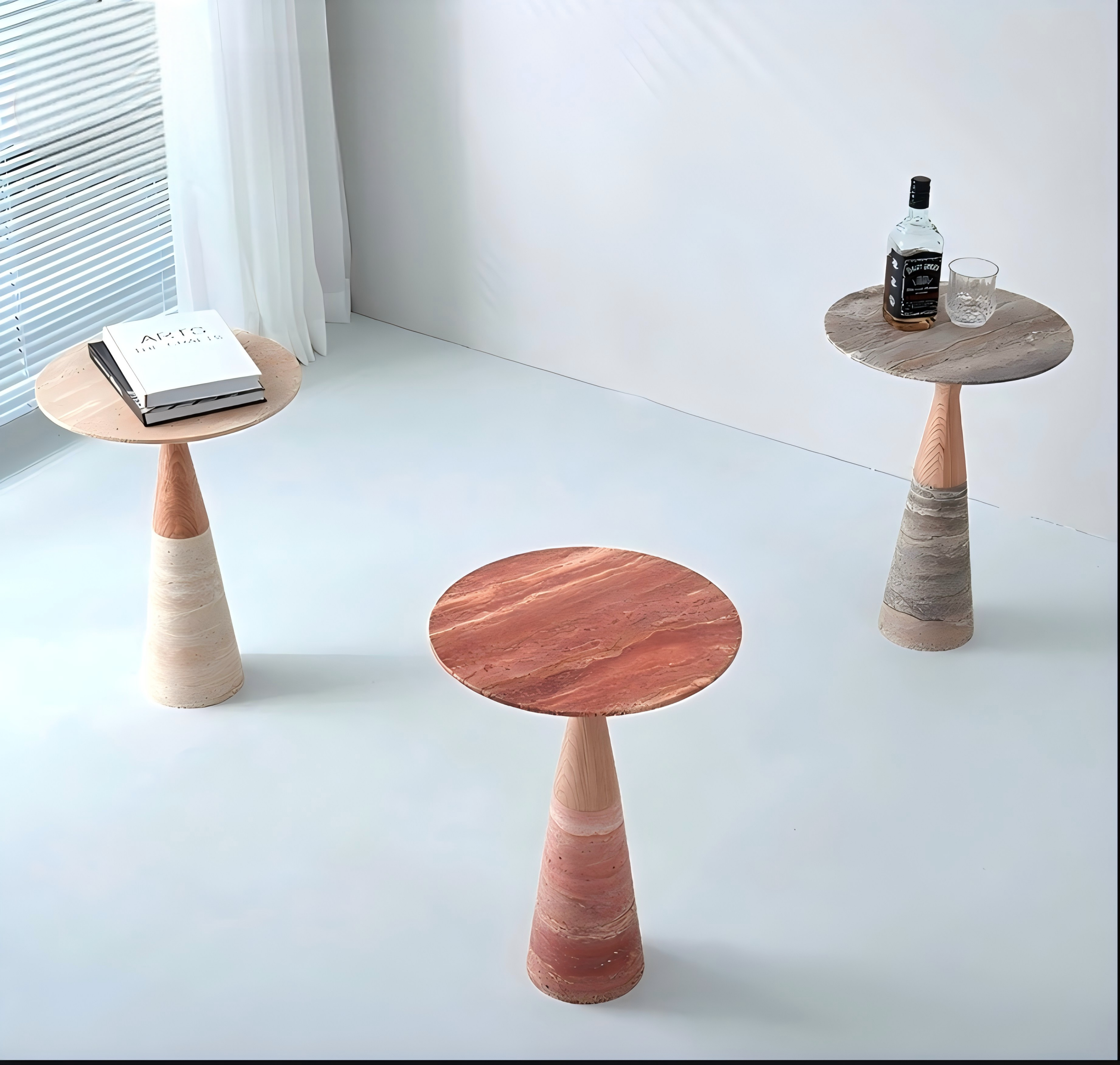 Terra Trio Side Tables | Travertine & Ash Wood Organic Sculpture Series