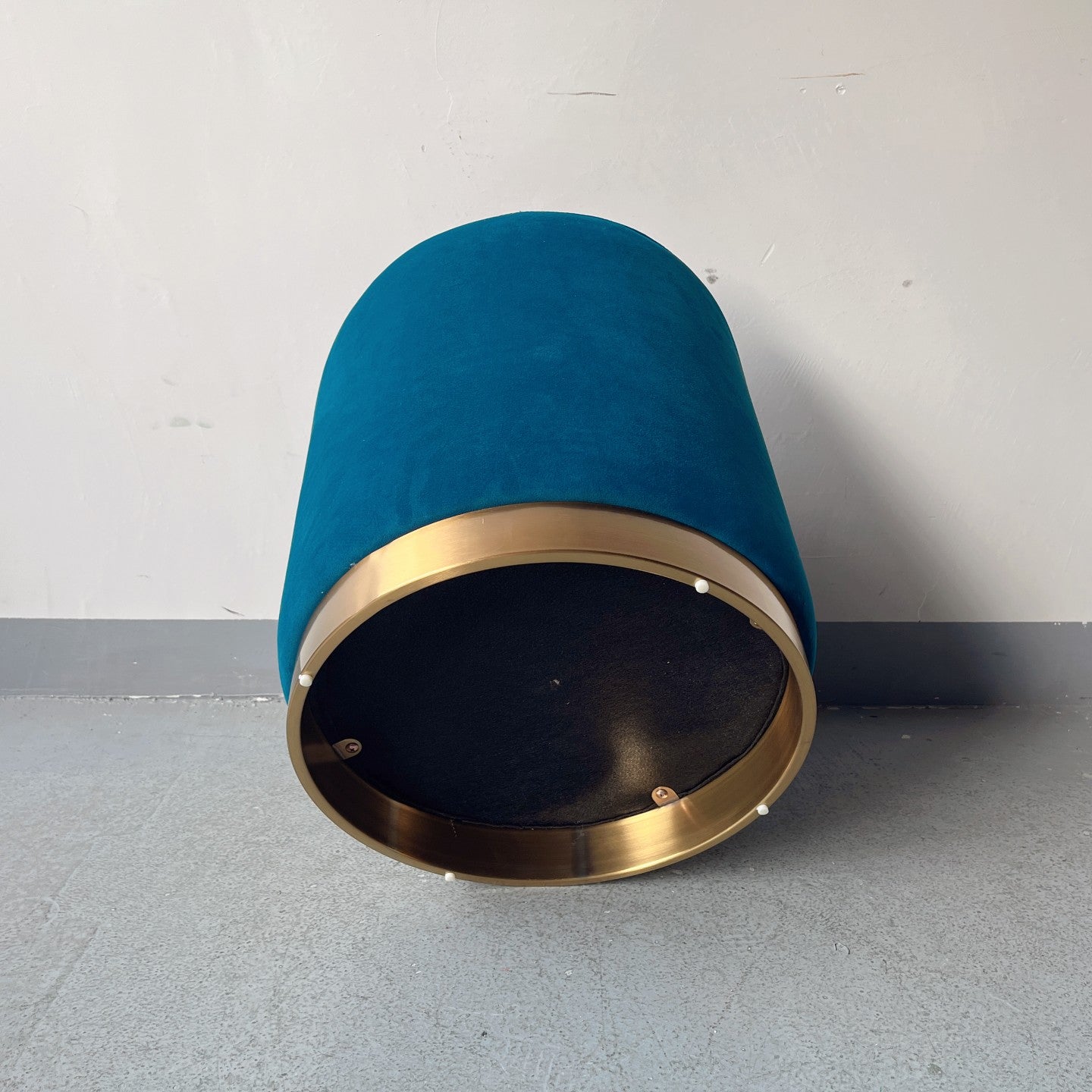 Velvet Drum Stool – Navy Blue Chenille with Brass Sabot Base – Luxurious Accent Seating