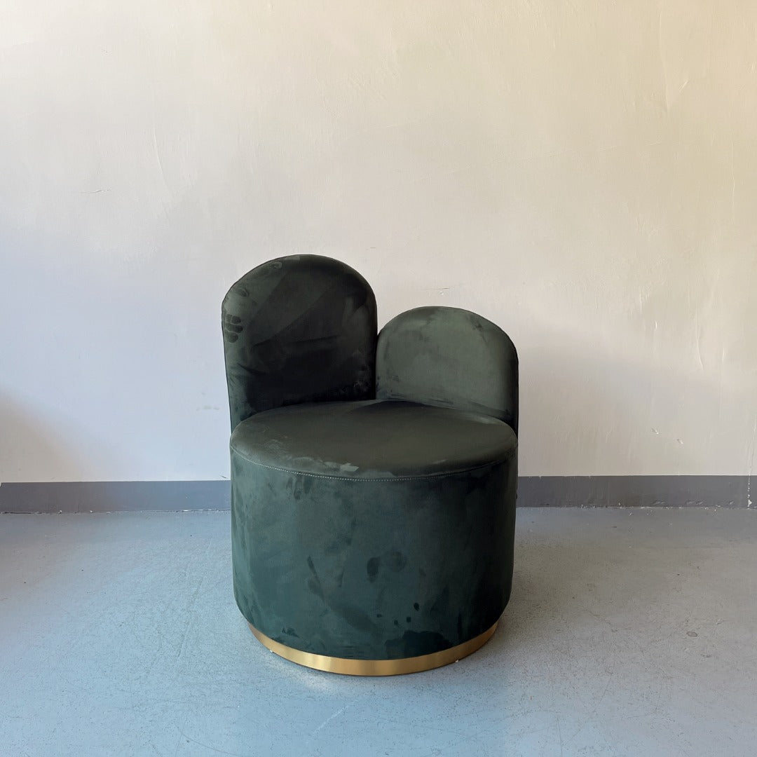 Designer Asymmetric Armchair – Deep Green Velvet Upholstery with Metallic Gold Base – Artistic Living Room Accent