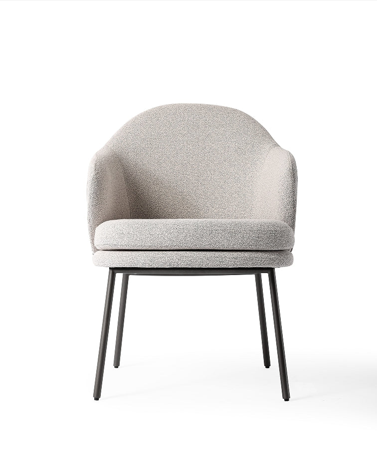 Modern Fabric Armchair - Gray Woven Texture with Leather Trim & Black Metal Legs