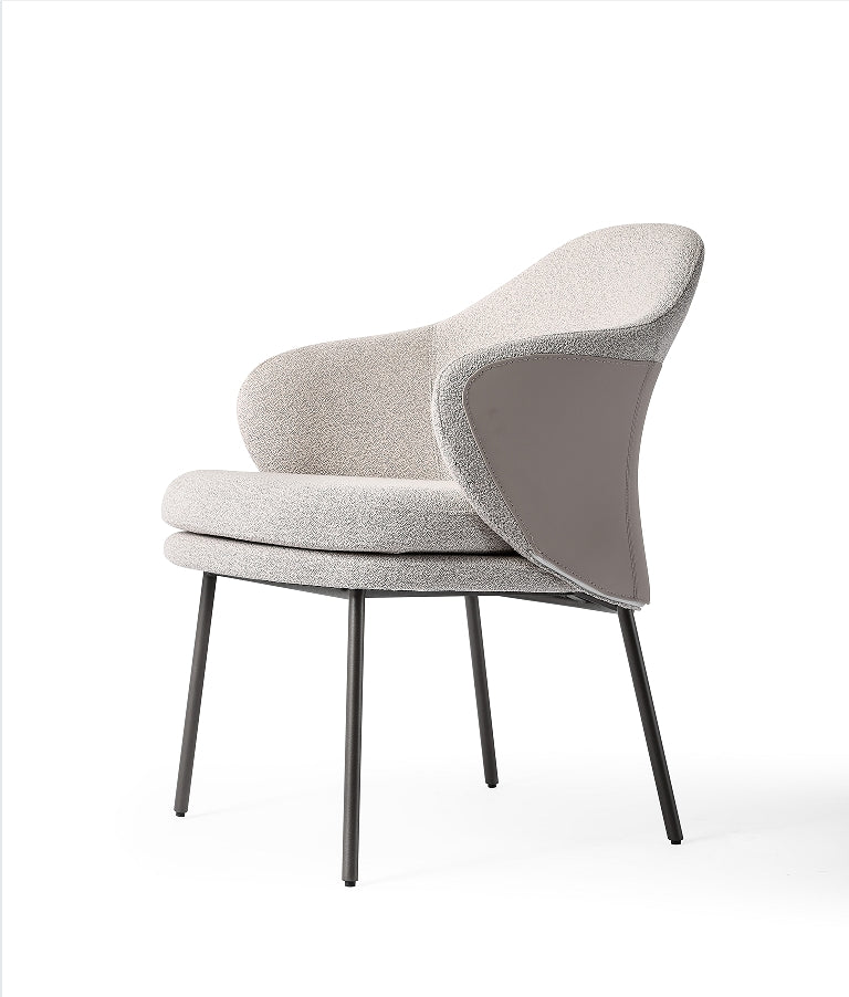 Modern Fabric Armchair - Gray Woven Texture with Leather Trim & Black Metal Legs