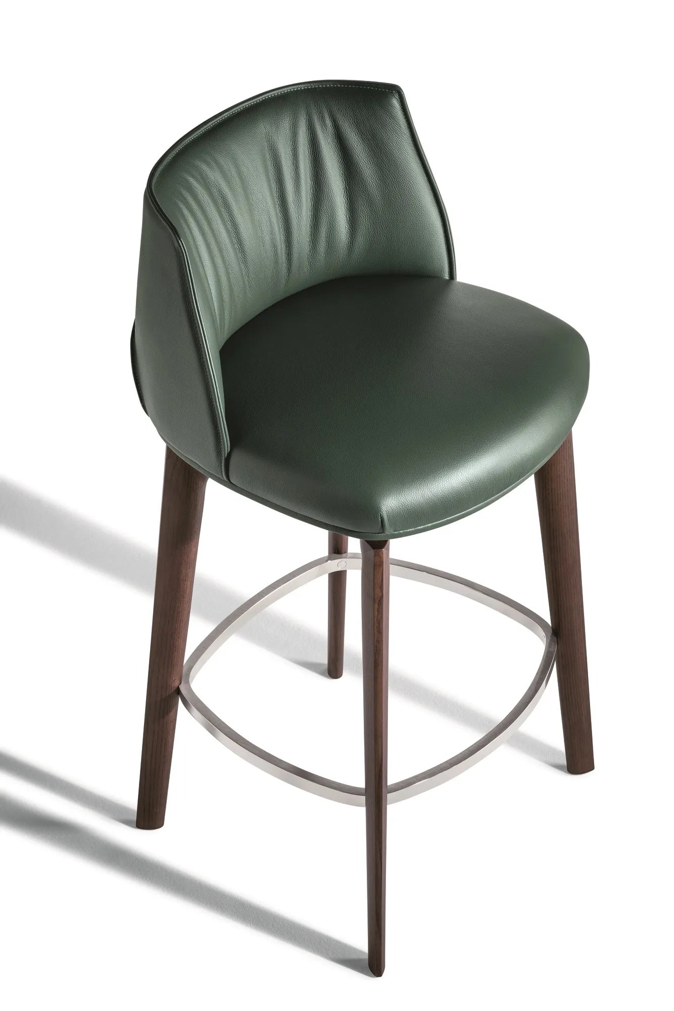 Modern Leather Bar Stool - Wooden Legs with Metal Ring