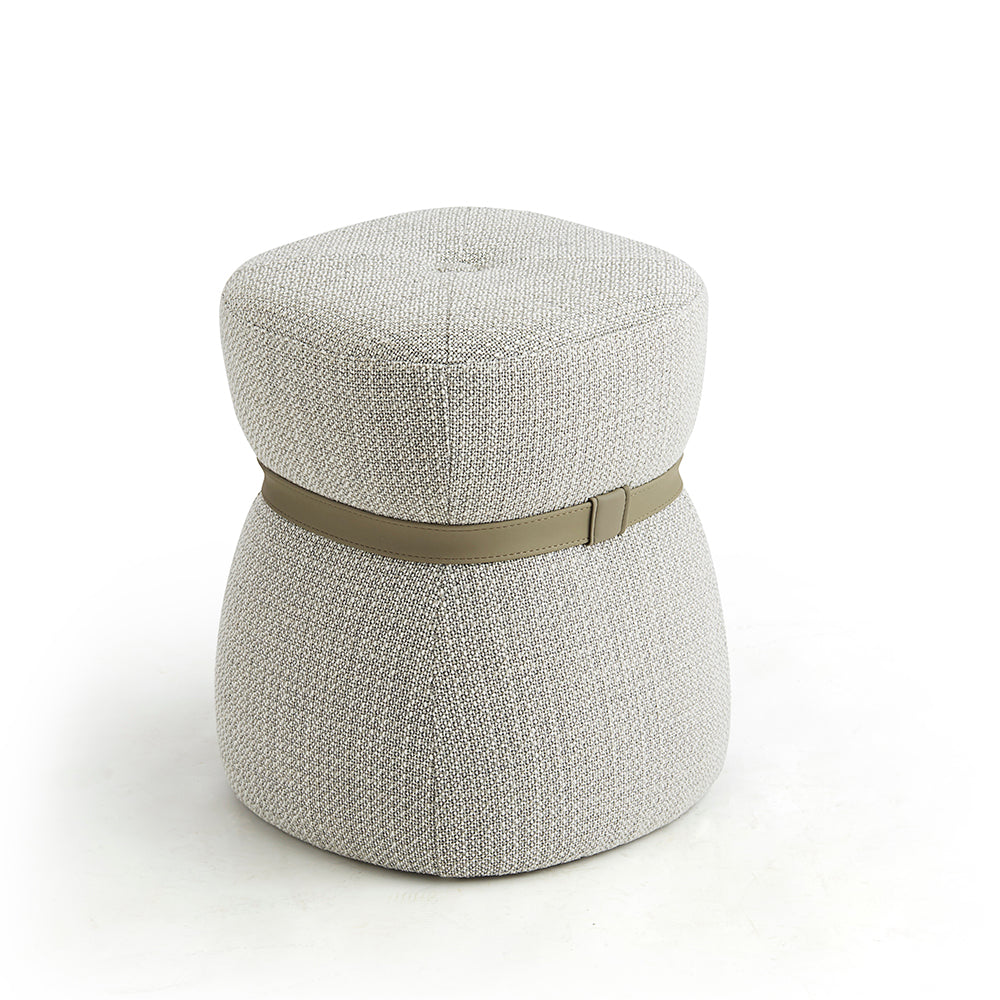 Contemporary Leather Stool - Gray Fabric Ottoman with Green Belt