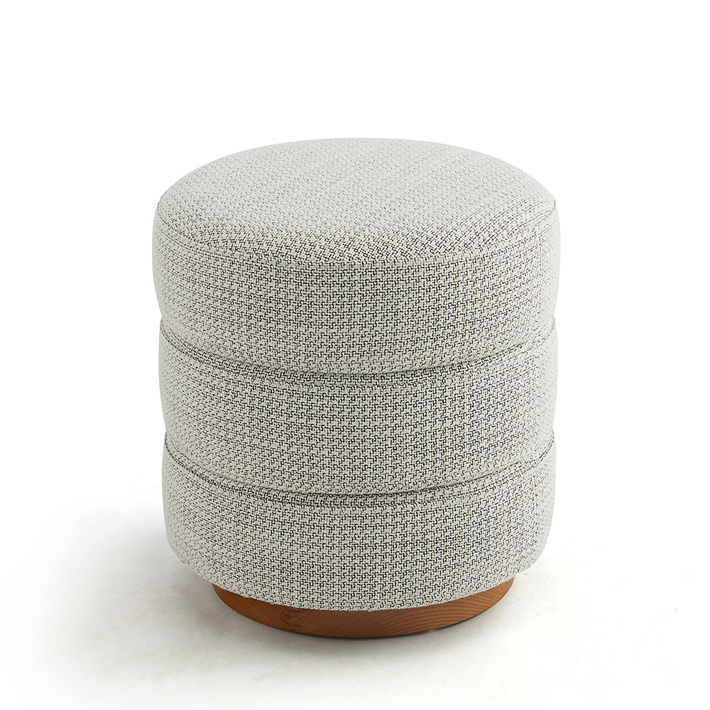 Layered Fabric Pouf - White Textured Ottoman with Wooden Base