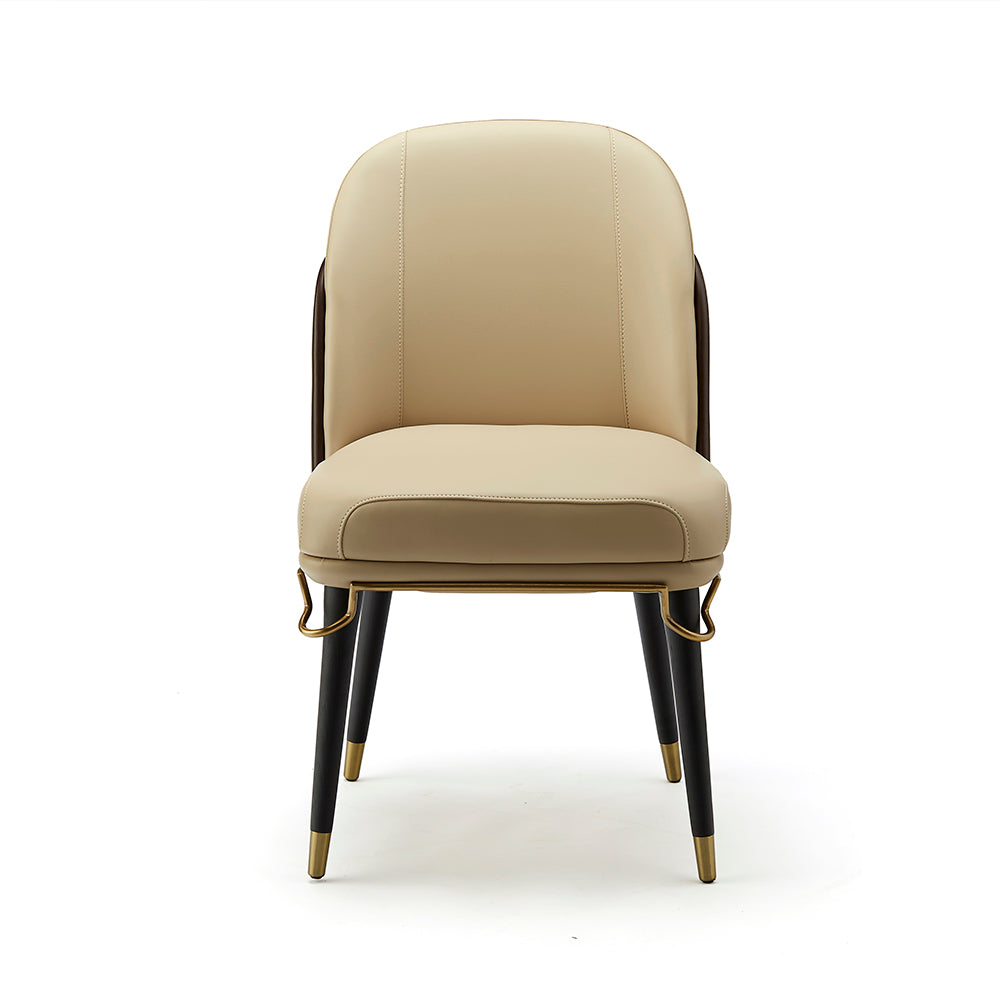 Scandinavian-Inspired Dining Chair – Light Beige Leather with Black & Gold Metal Legs – Minimalist Comfort