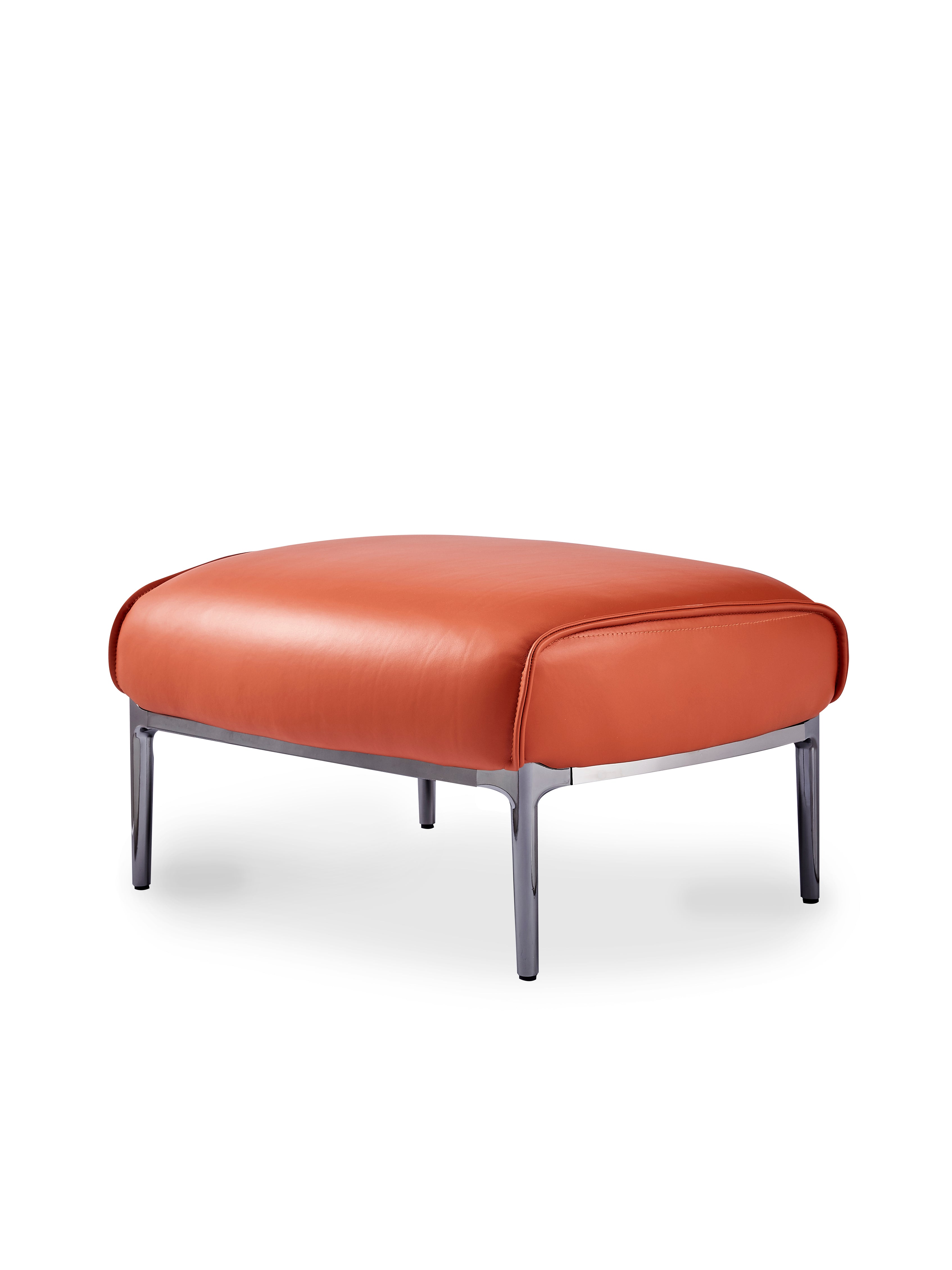Modern Orange Leather Footstool - Soft Padded Ottoman with Silver Metal Legs