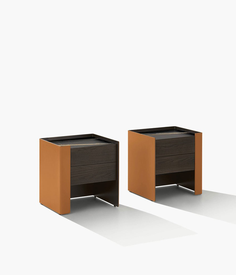 Scandinavian Modern Nightstands – Walnut Wood & Orange Leather Bedside Tables