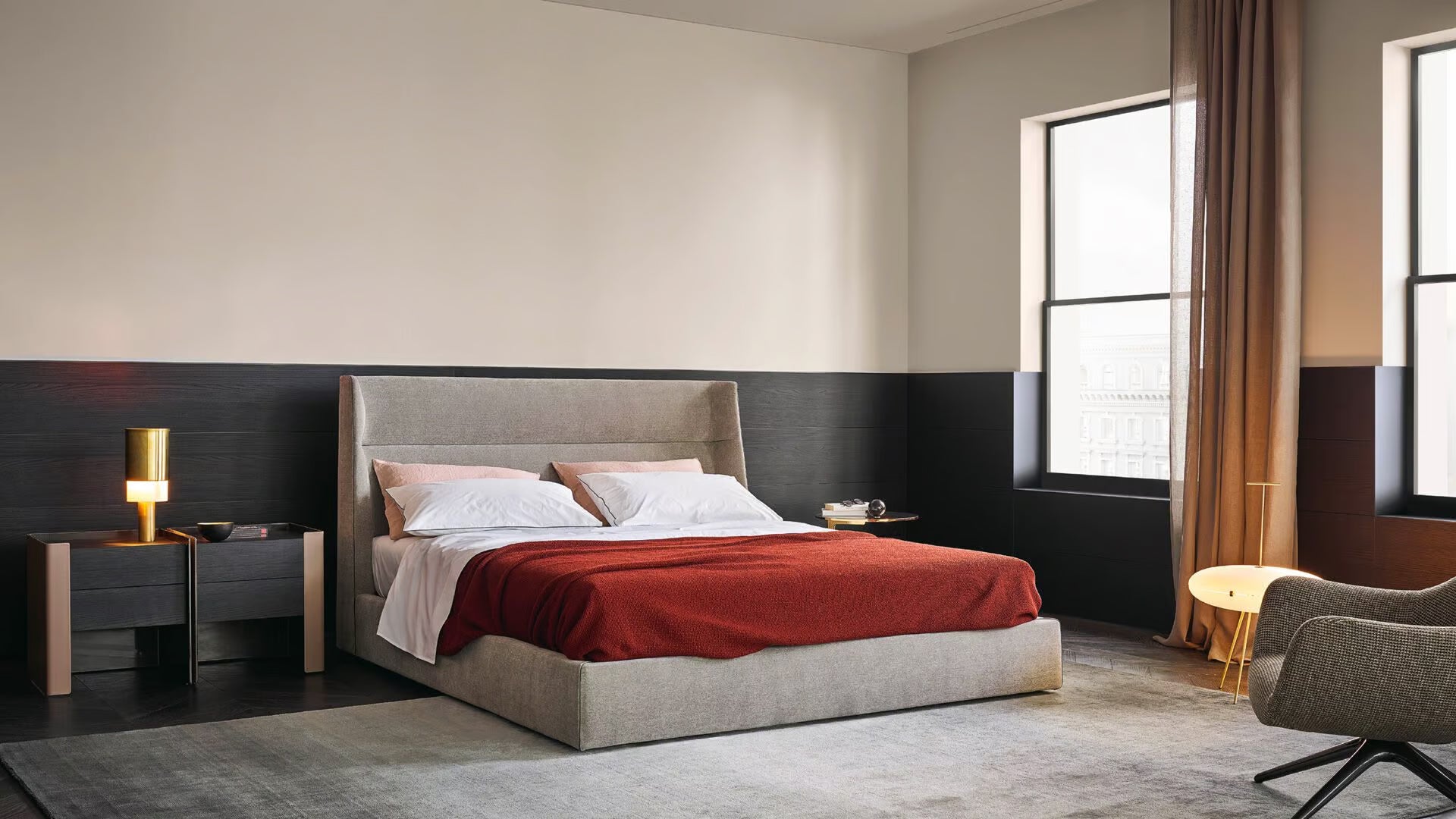 Scandinavian Modern Nightstands – Walnut Wood & Orange Leather Bedside Tables