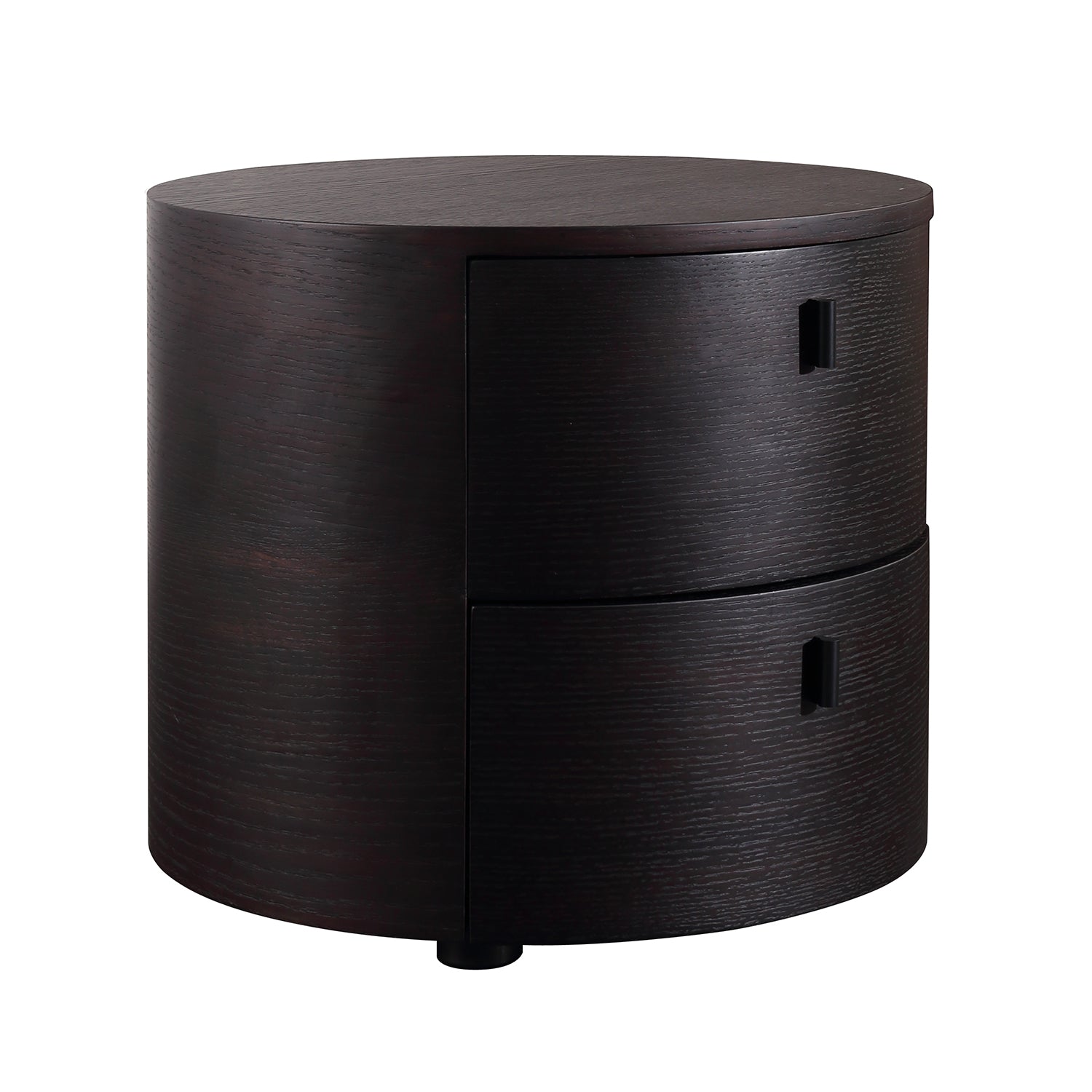 Modern Round Wood Nightstand - Dual Drawer Bedside Table with Black Handles