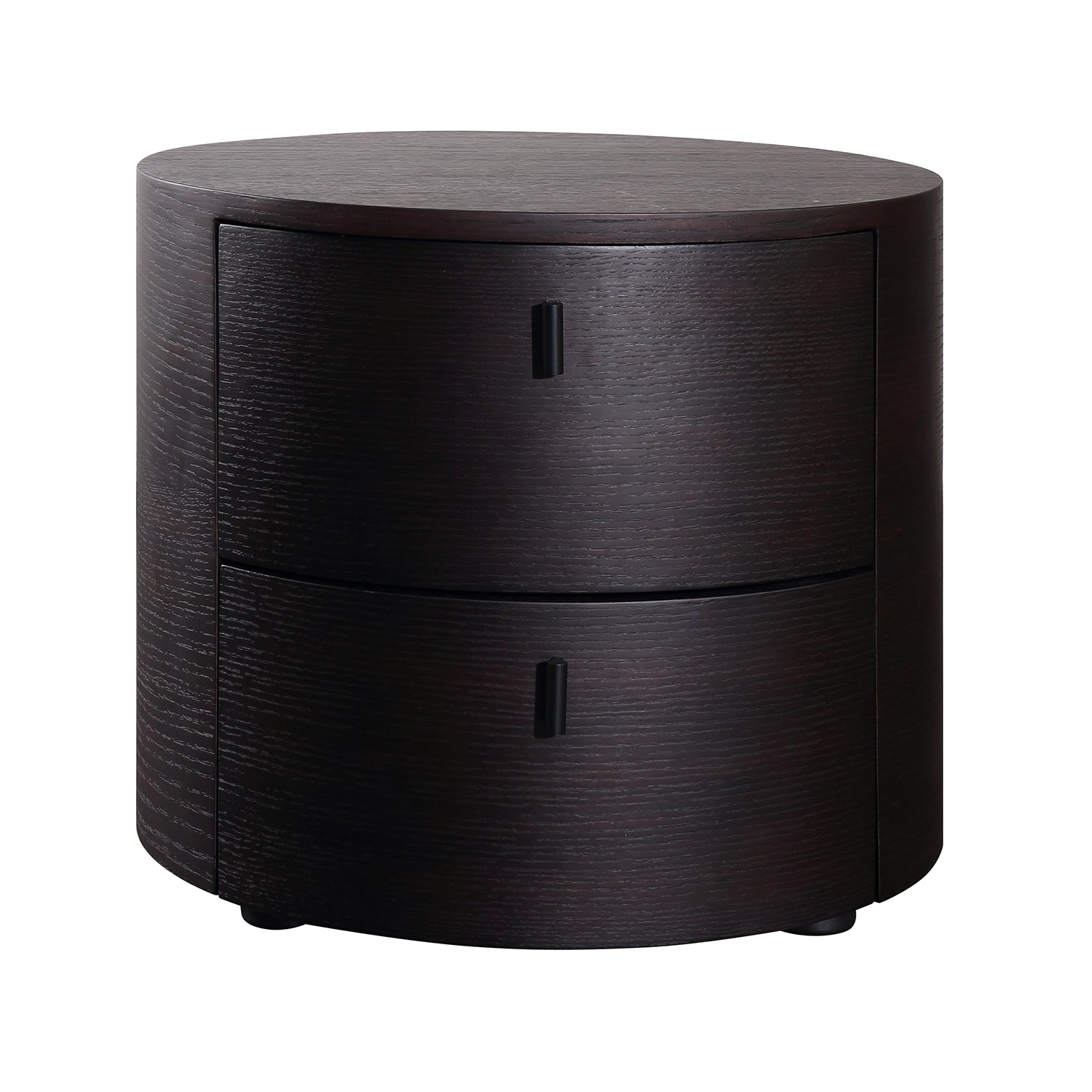 Modern Round Wood Nightstand - Dual Drawer Bedside Table with Black Handles