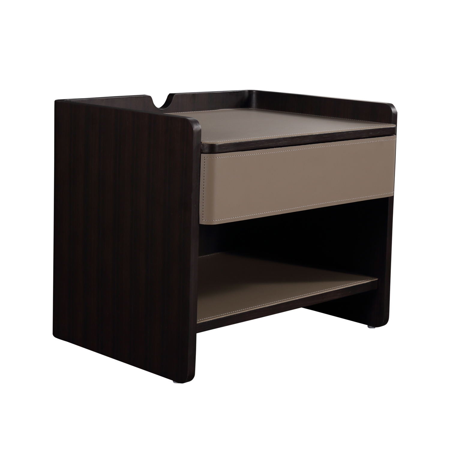 Modern Leather Top Nightstand - Wood Frame Bedside Table with Open Shelf