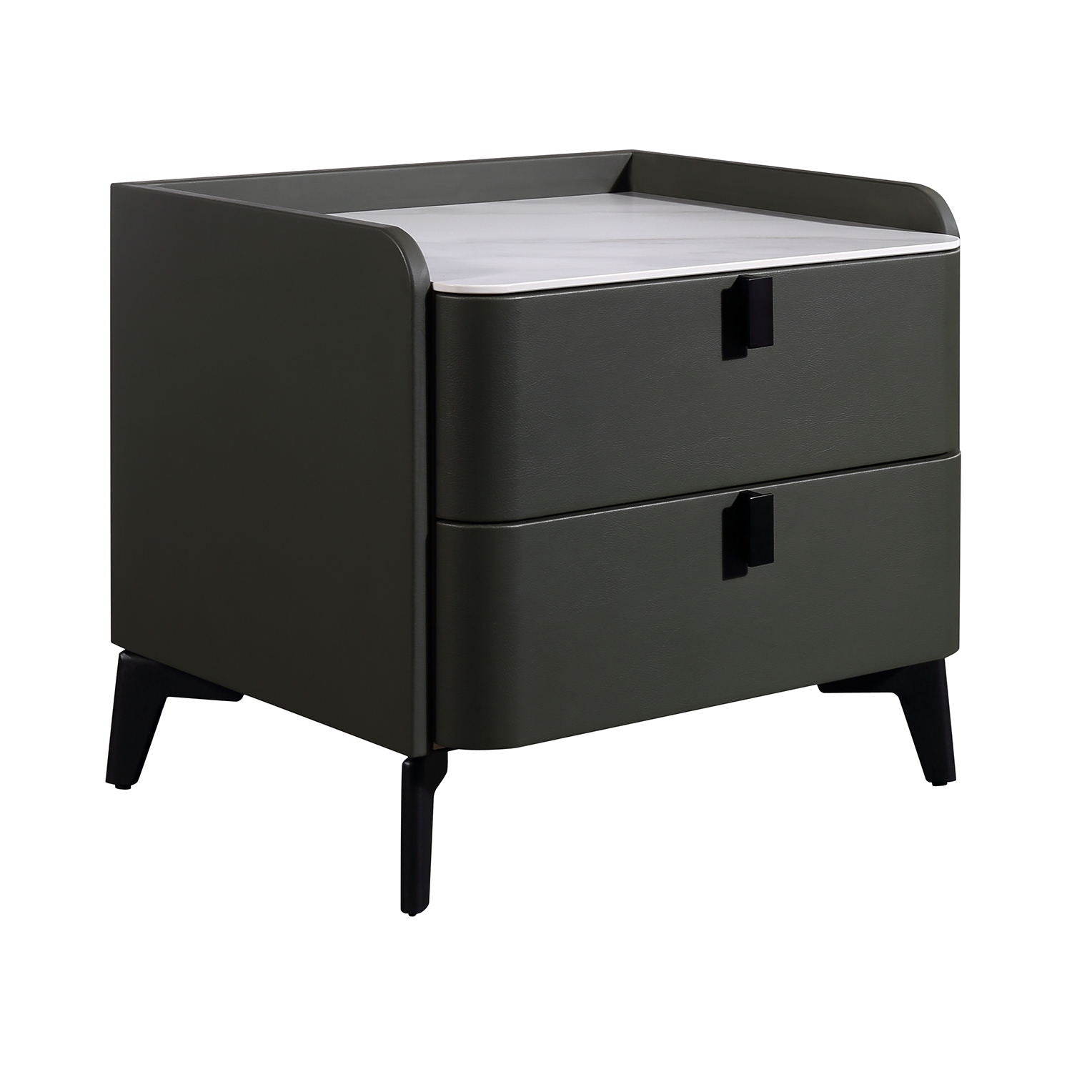 TIAN JI Modern Nightstand - Leather-Wrapped Bedside Table with Marble Top & Black Handles