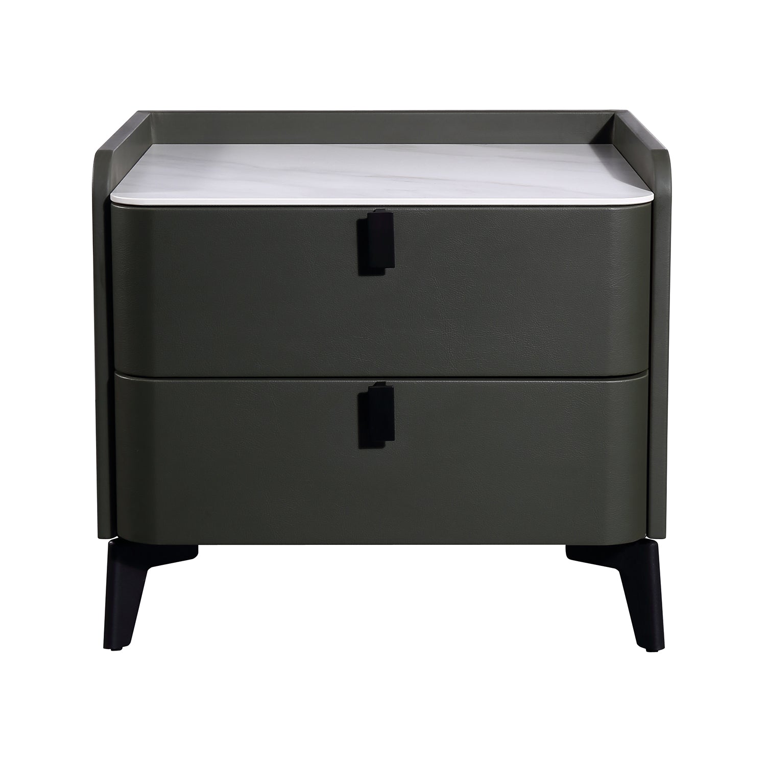 TIAN JI Modern Nightstand - Leather-Wrapped Bedside Table with Marble Top & Black Handles