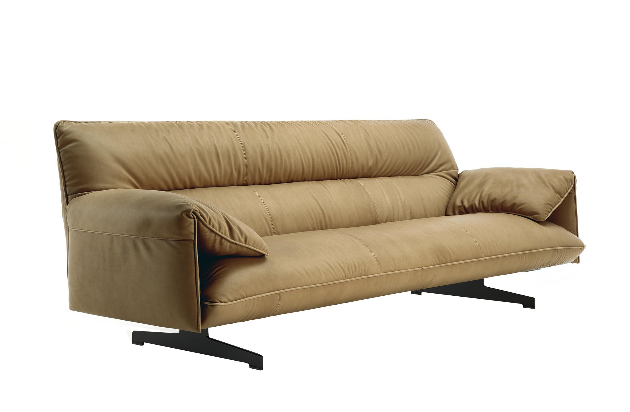 Camel Leather 3-Seater Sofa with Navy Velvet Pillows - Contemporary Tuft-Free Design & Slim Metal Legs for Modern Living Room