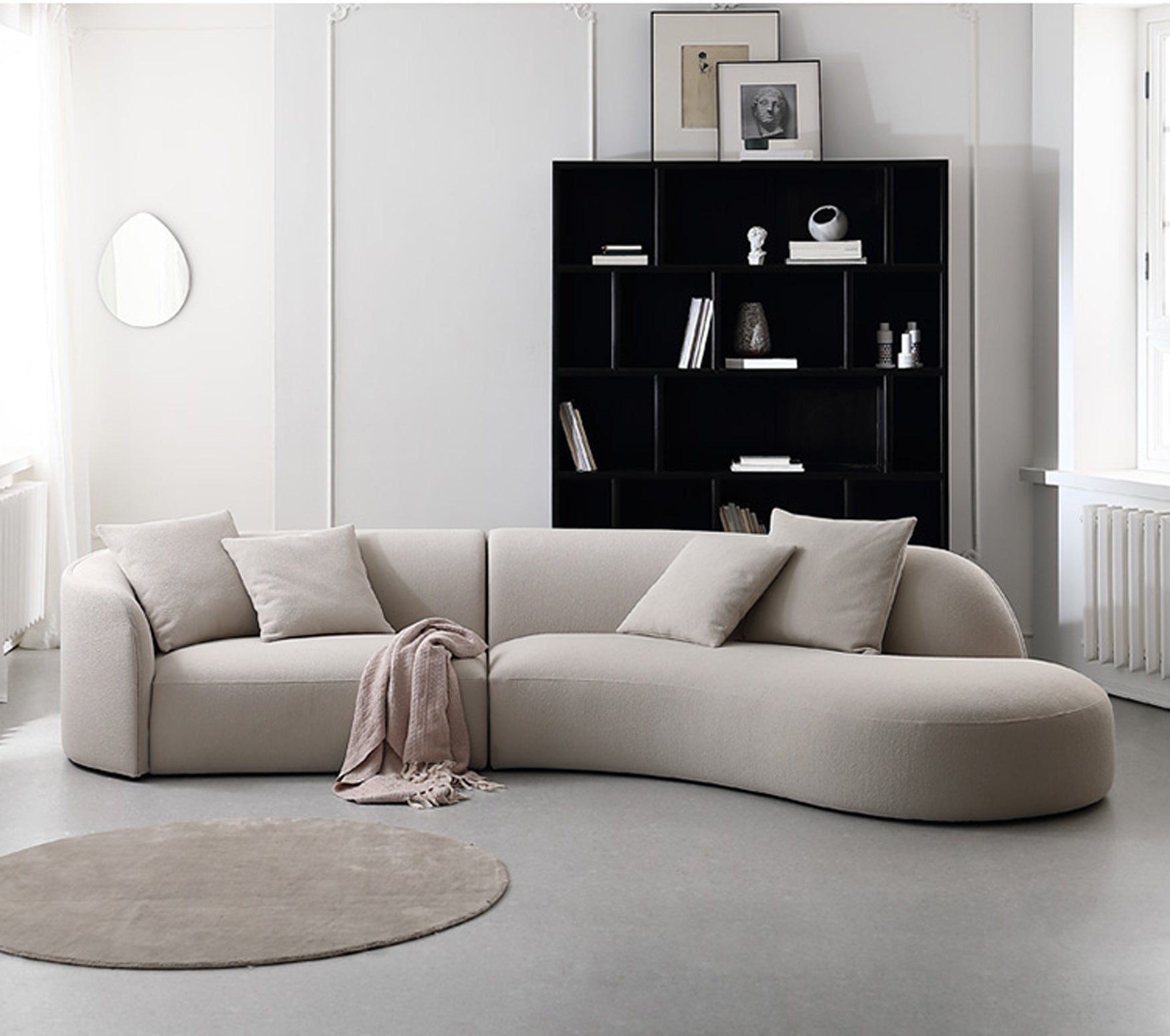 Cloud-Beige Curved Sectional Sofa: Modular Plush Cushions + Included Knit Throw Blanket | Modern L-Shaped Design for Cozy Living Spaces