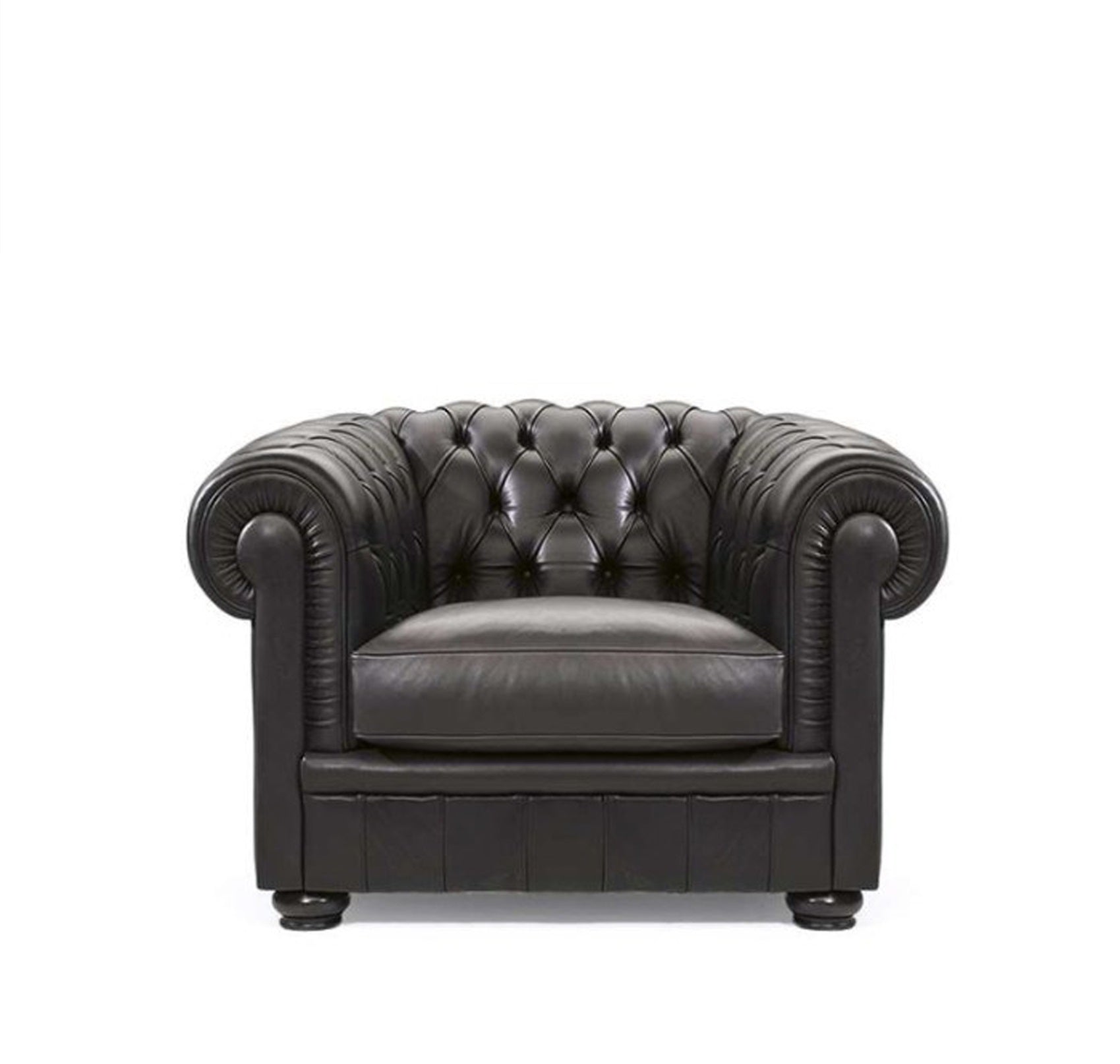 Classic Chesterfield Sofa: Top-Grain Black Leather with Hand-Tufted Button Design - Antique Brass Legs for Luxury Living Room