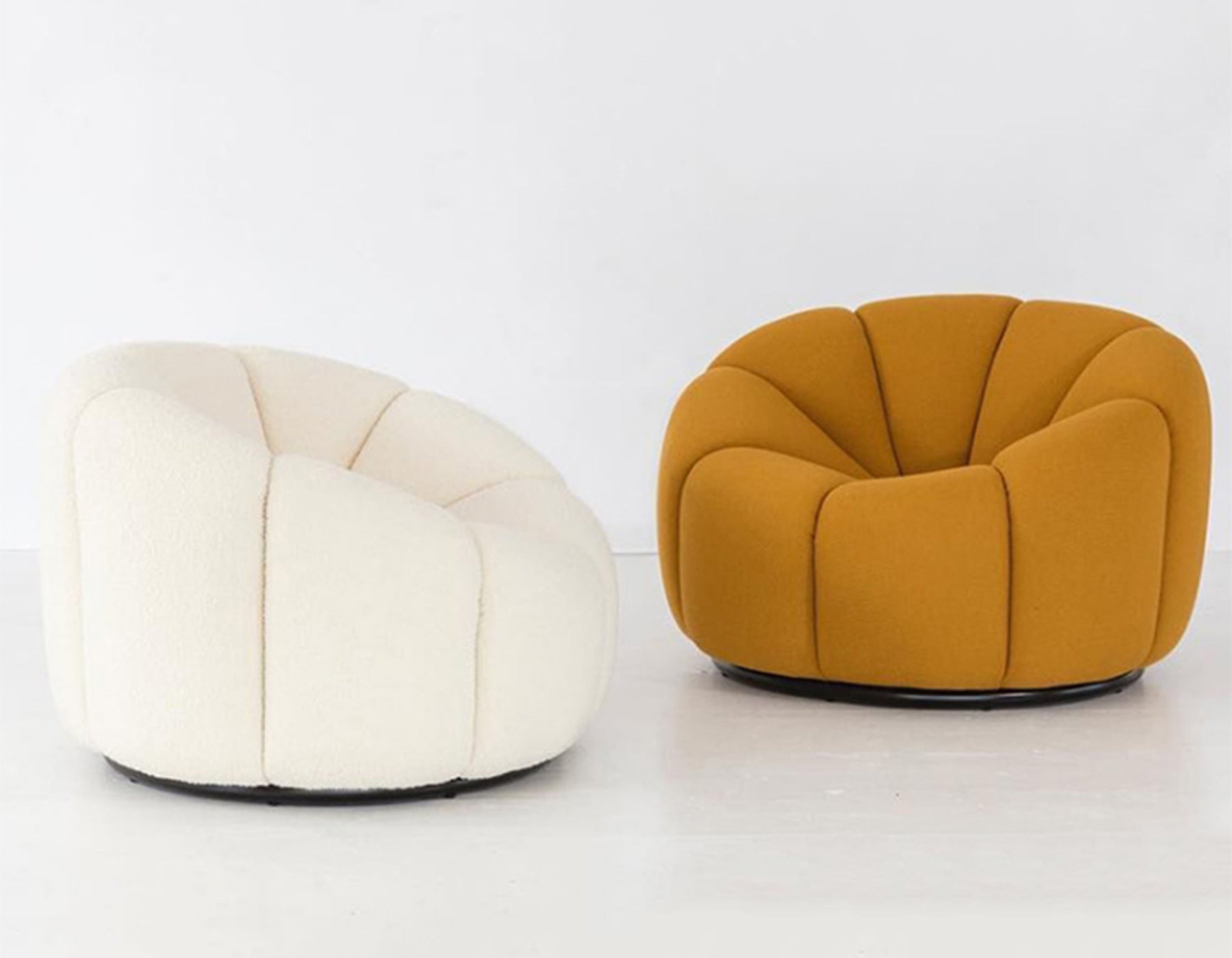 Petal-Shaped Swivel Armchair Duo - Plush Cream & Mustard Yellow Rotating Lounge Chairs for Modern Living Room