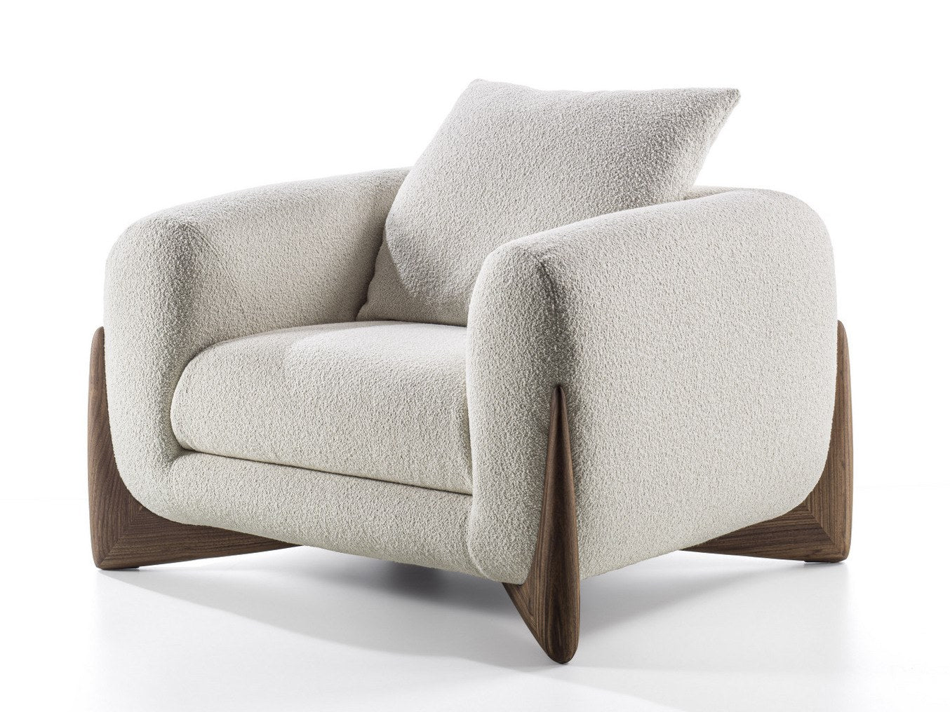 Plush Beige Accent Armchair with Angled Walnut Base - Ergonomic Modern Lounge Chair for Contemporary Living Room