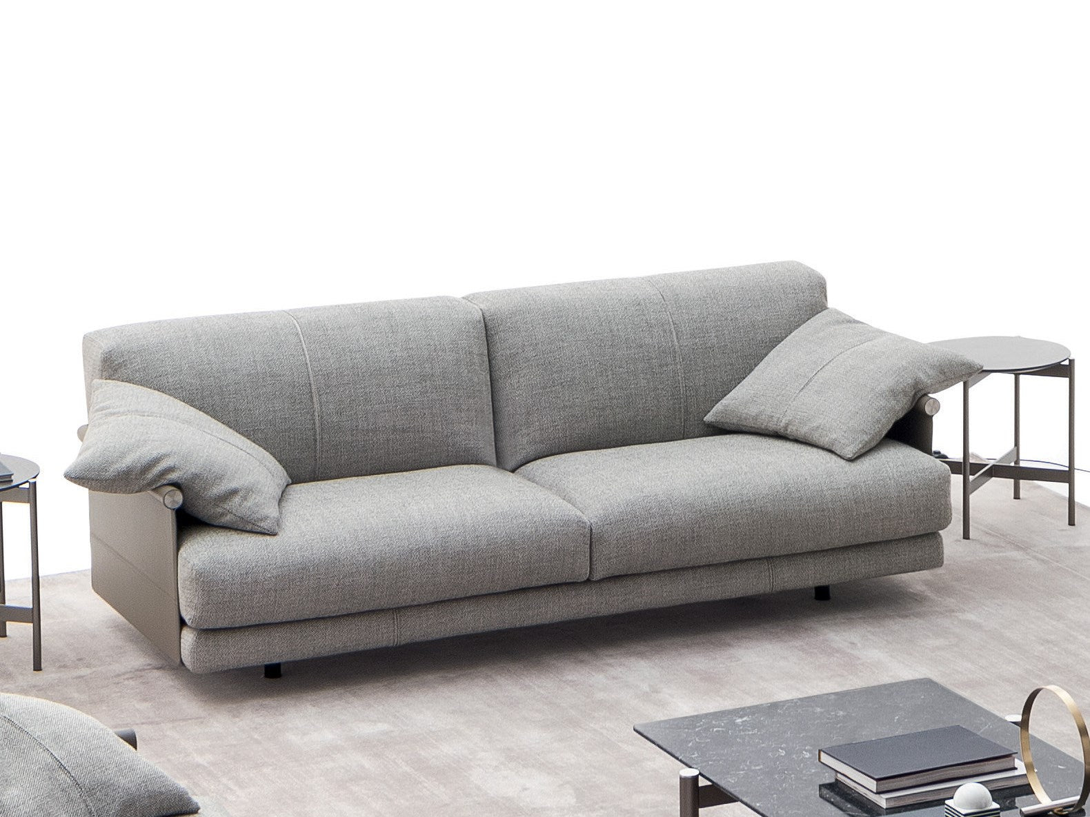 Modern Two-Seater Fabric Sofa: Plush Light Gray Upholstery with Cushion Set & Matte Black Legs - Minimalist Design for Small Spaces