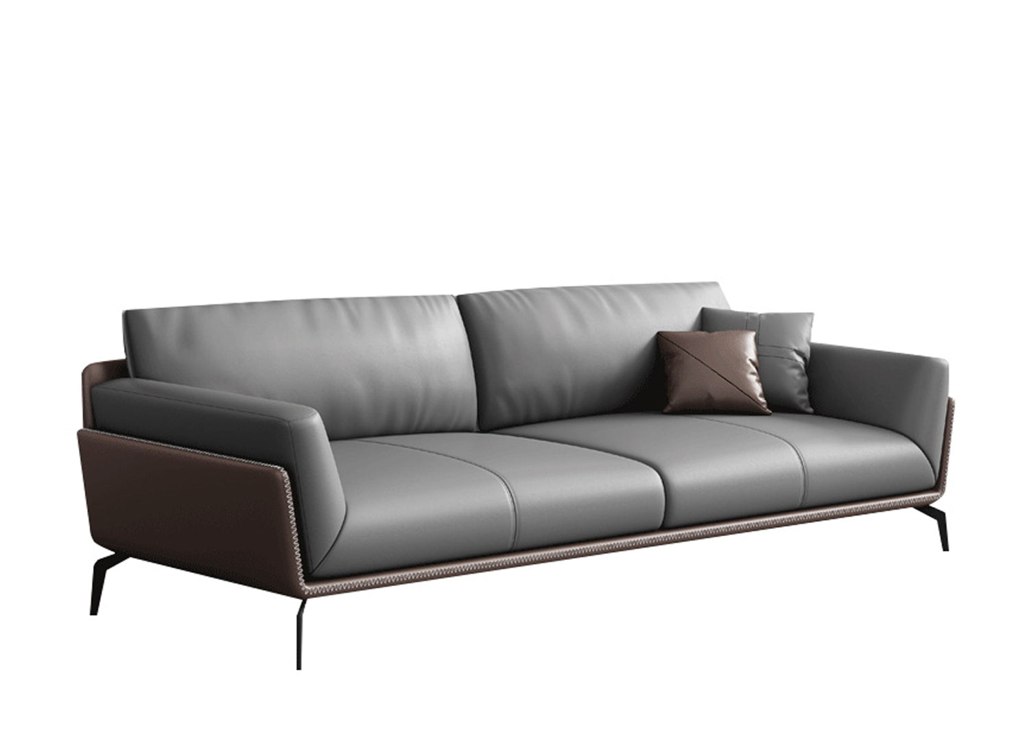 Modern Grey Leather Sofa with Honey Brown Trim - 3-Seater Contrast Stitching & Slim Black Metal Legs | Luxury Living Room Set with Brown/Grey Pillows