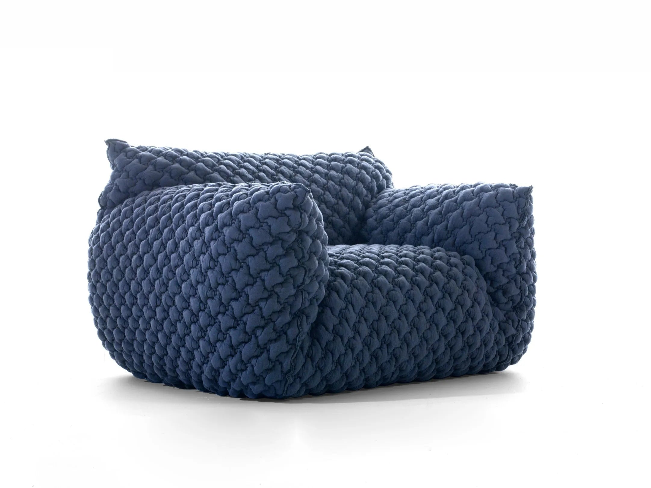 Quilted Blue Lounge Chair – 3D Diamond Tufting with Curved Silhouette – Modern Interpretation of Classic Design
