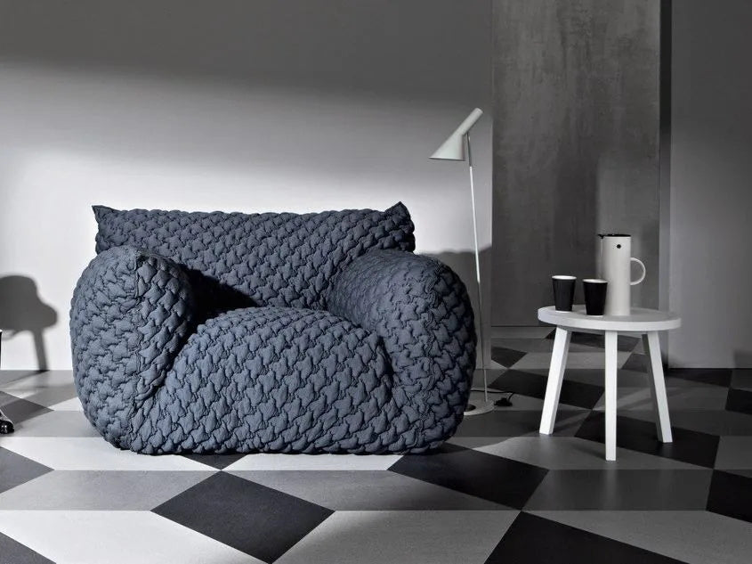 Quilted Blue Lounge Chair – 3D Diamond Tufting with Curved Silhouette – Modern Interpretation of Classic Design