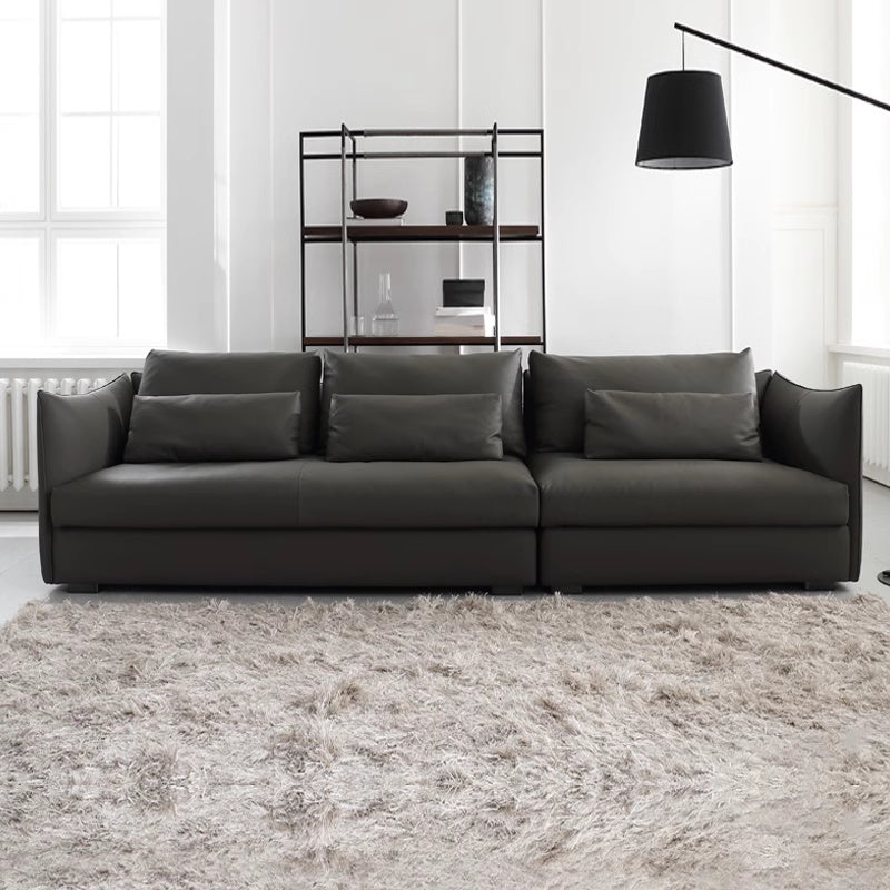 Deep Grey Genuine Leather 3-Seater Sofa - Plush Triple Diamond Tufting & Architectural Black Metal Frame | Modern Luxury Living Room Set with Matching Pillows