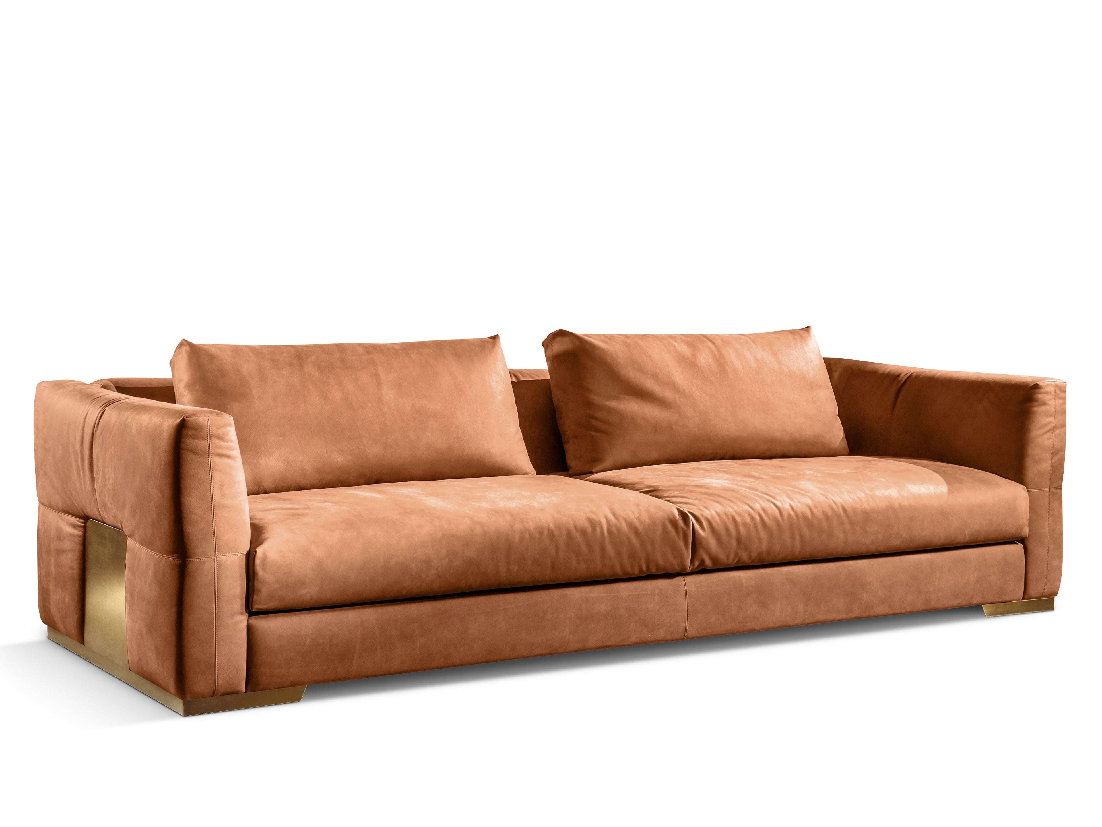 Luxury Full-Grain Brown Leather Sofa with Tapered Gold-Toned Metal Legs - Plush Seat Depth & Sculptural Silhouette for Modern Living Room
