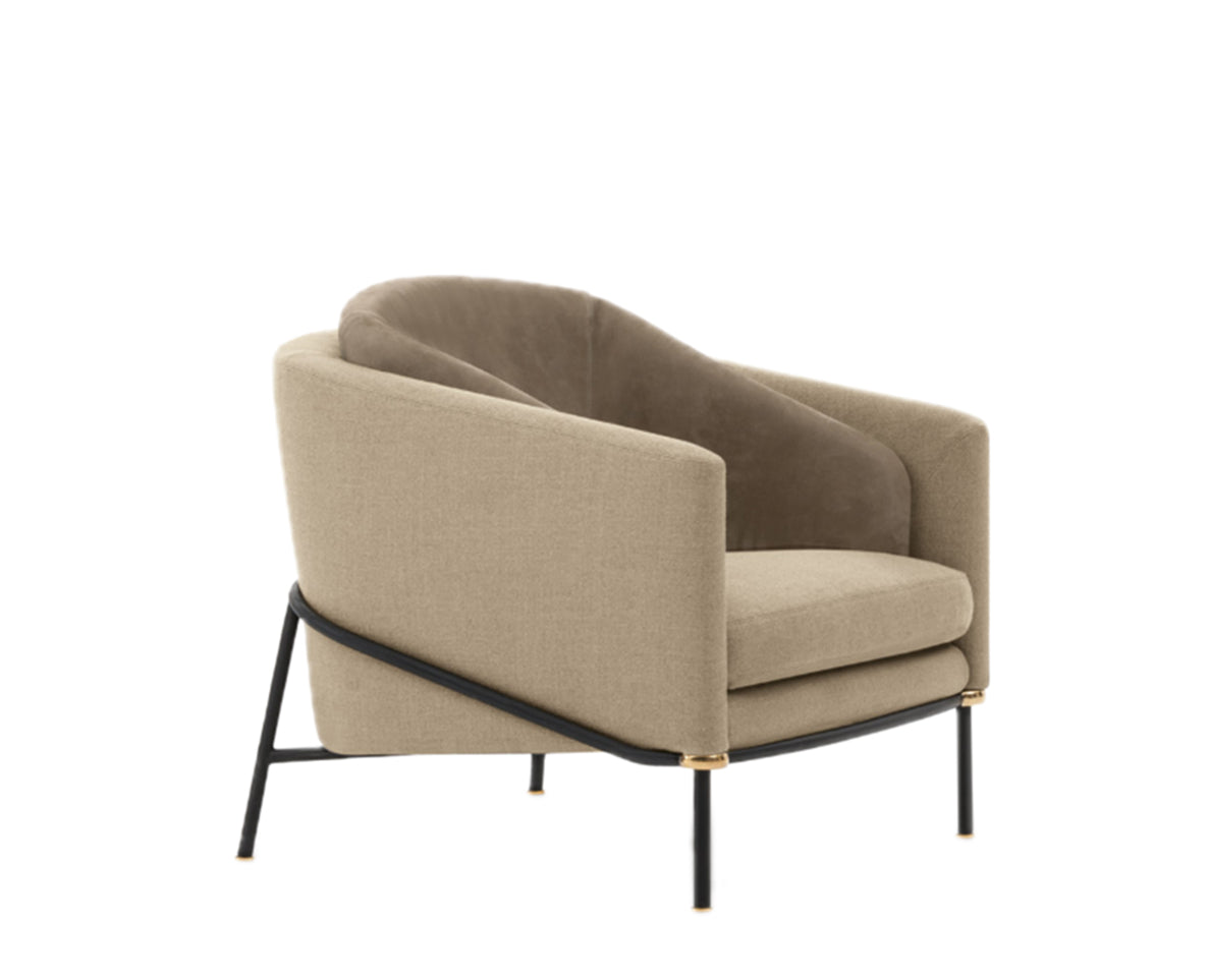 Modern Linen-Look Armchair: Curved Back Support + Black Metal Frame with Brushed Gold Trim - Ergonomic Accent Chair for Contemporary Living Room