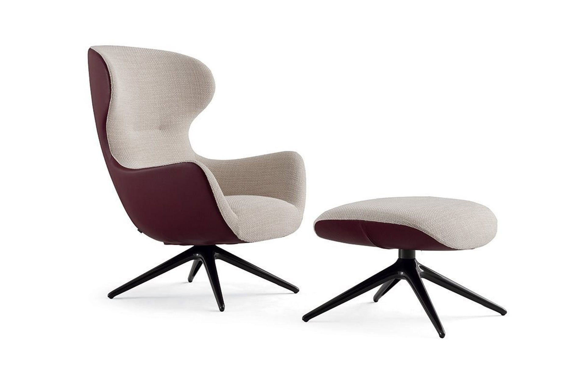 Velvet-Soft Dual-Tone Swivel Chair - Wine Red Leather Arms & Beige Fabric Seat with Star Base Metal Frame for Luxury Living Room