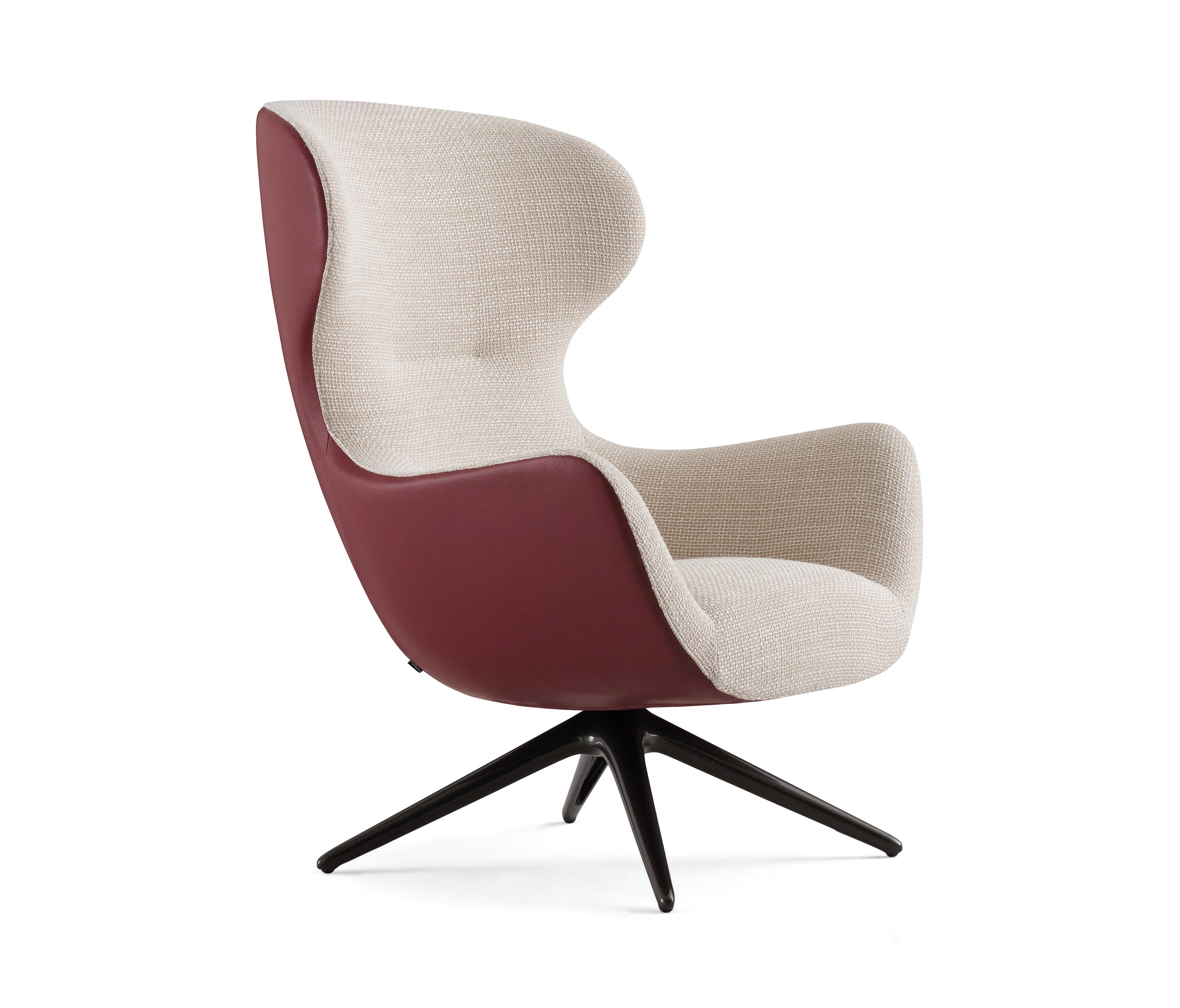 Velvet-Soft Dual-Tone Swivel Chair - Wine Red Leather Arms & Beige Fabric Seat with Star Base Metal Frame for Luxury Living Room