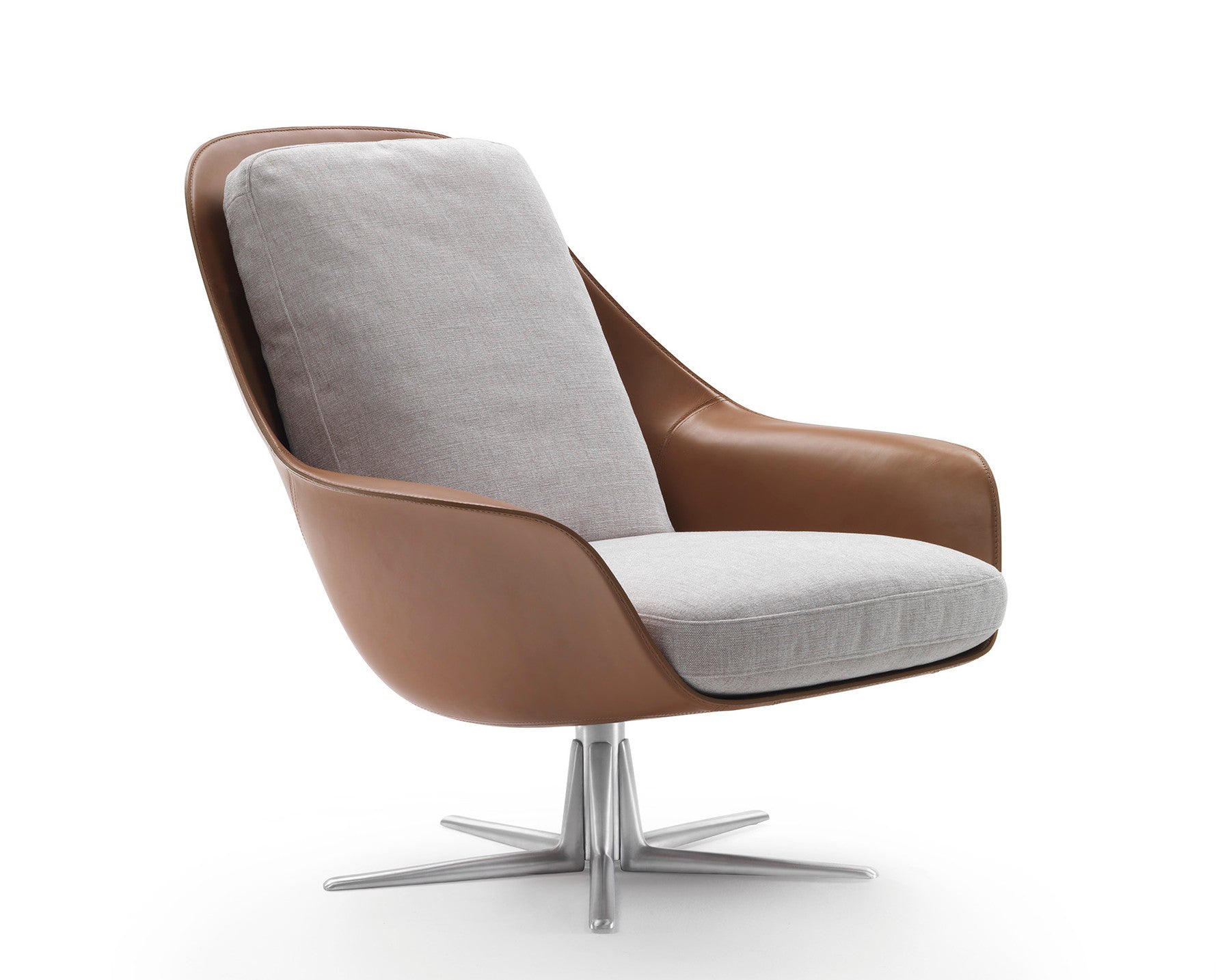 TwinStar Swivel Lounge Set: Gray Fabric Chair & Ottoman with Premium Leather Trim - 3 Silver Star Base for Modern Living Room