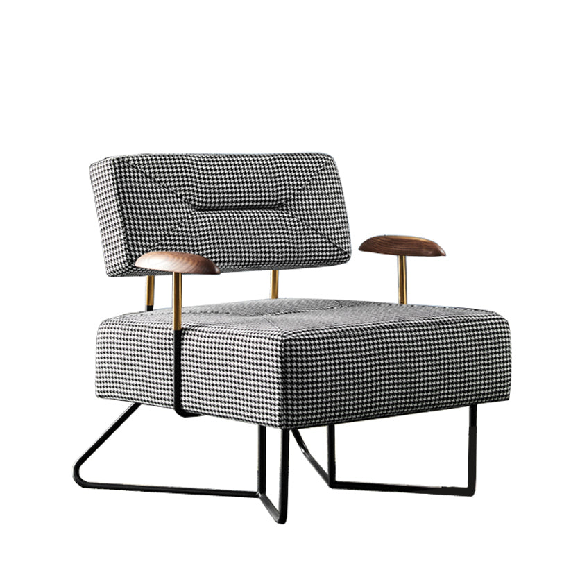 Modern Houndstooth Accent Armchair - Solid Wood & Brushed Brass Arms with Geometric Metal Frame for Contemporary Living Room