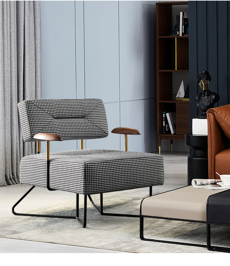 Modern Houndstooth Accent Armchair - Solid Wood & Brushed Brass Arms with Geometric Metal Frame for Contemporary Living Room