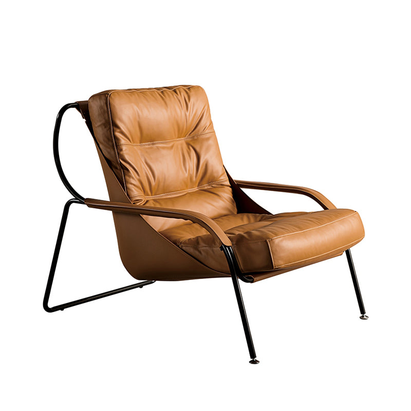 Executive Brown Leather Lounge Chair - Tailored Stitching & Geometric Steel Frame | Modern Office/Living Room Statement Piece