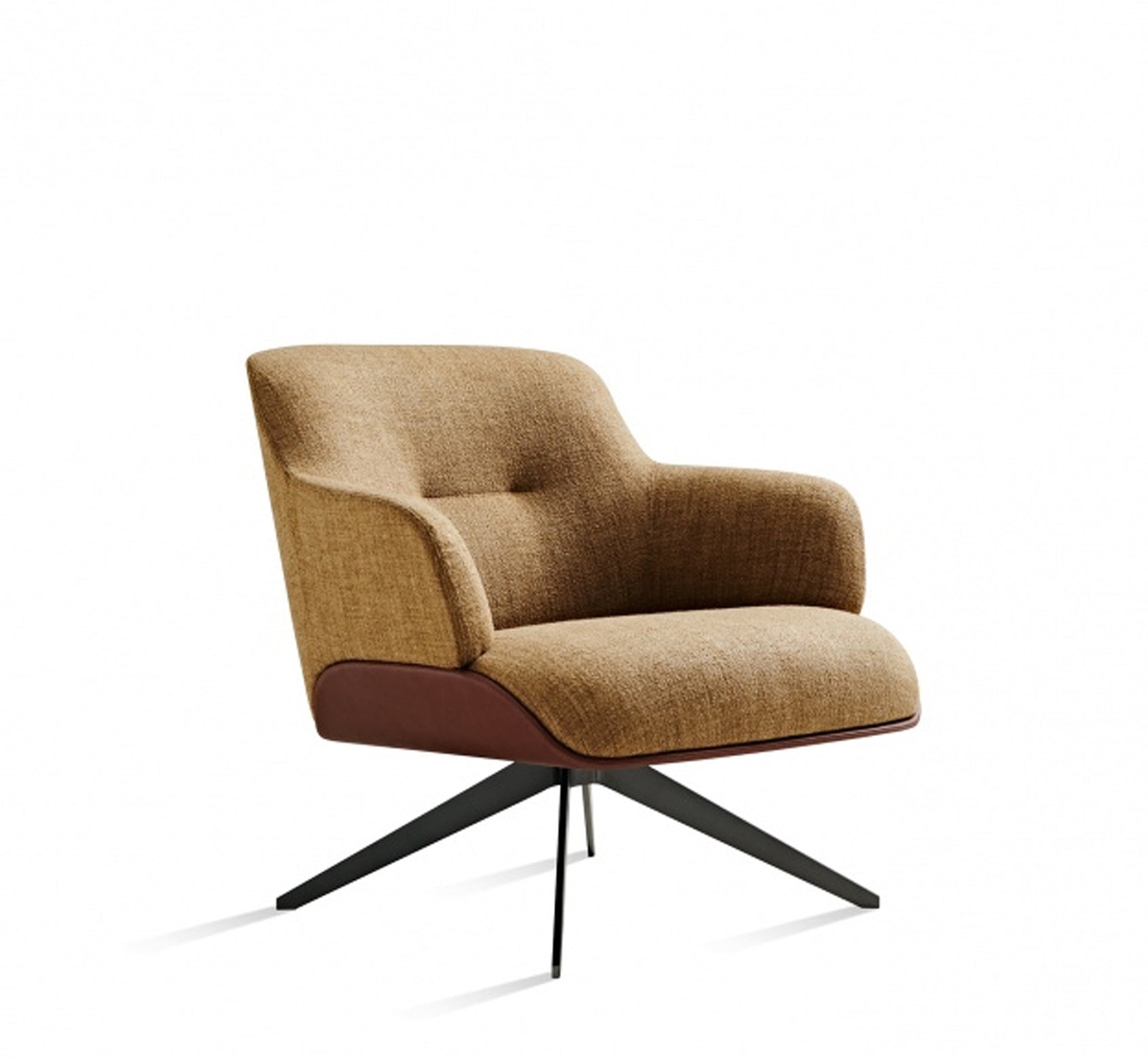 Caramel Velvet Swivel Accent Chair - Button-Tufted Back & Genuine Leather Trim with Geometric Star Base for Modern Living Space