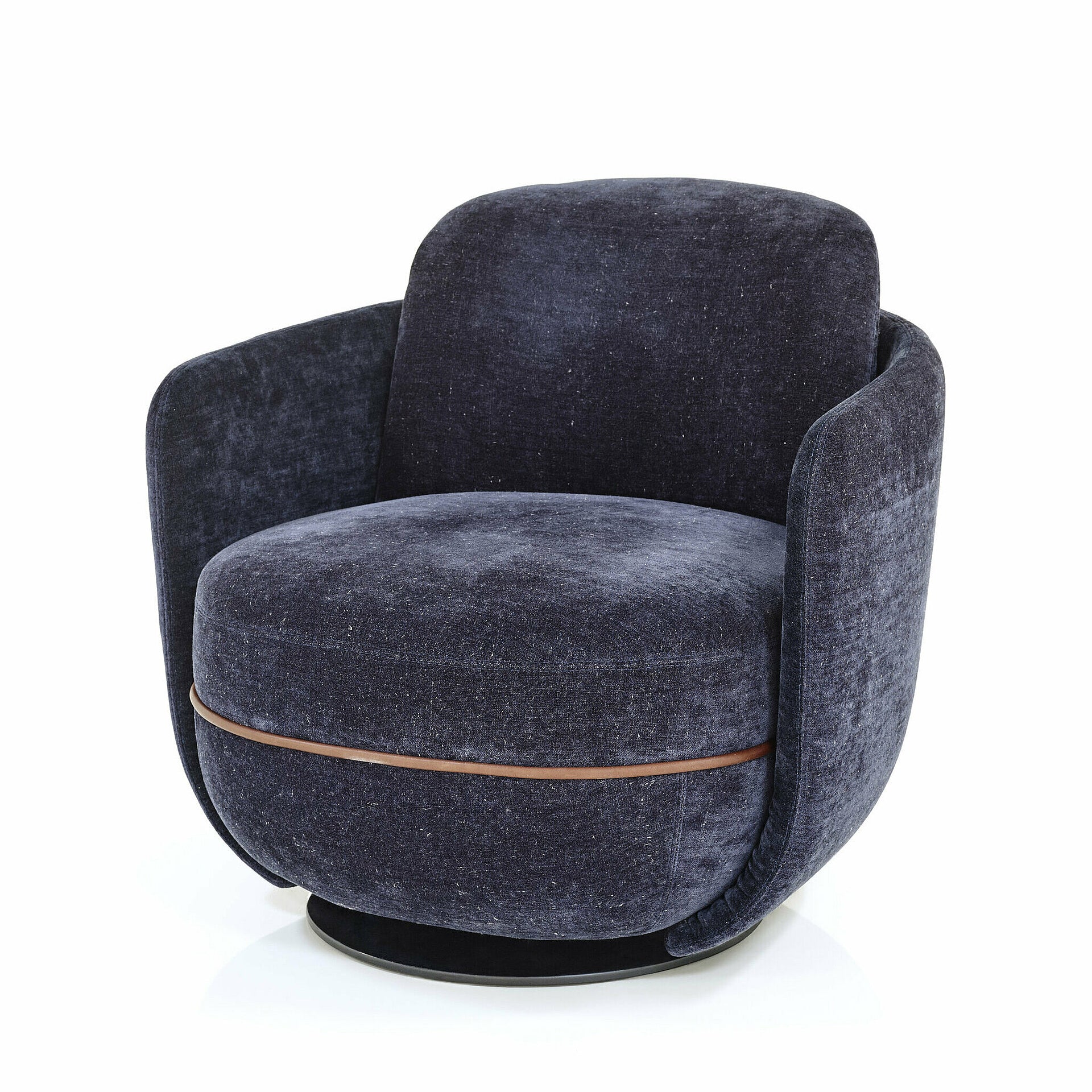 Royal Navy Velvet Swivel Chair - Premium Tufted Back & Saddle Leather Accent with Heavyweight Rotating Base for Luxury Living Room