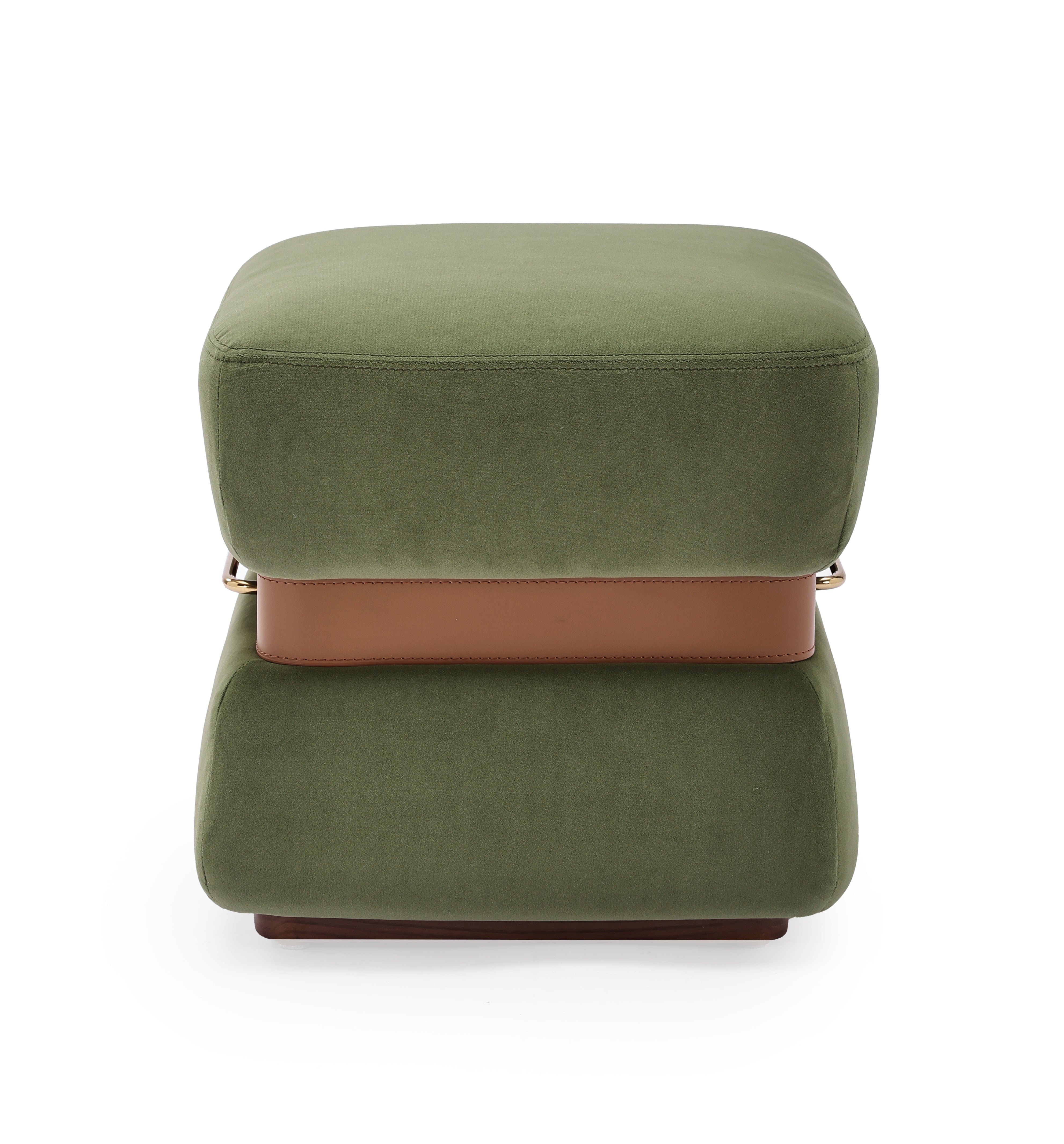 Layered Blue Ottoman - Modern Stacked Stool with Leather Belt