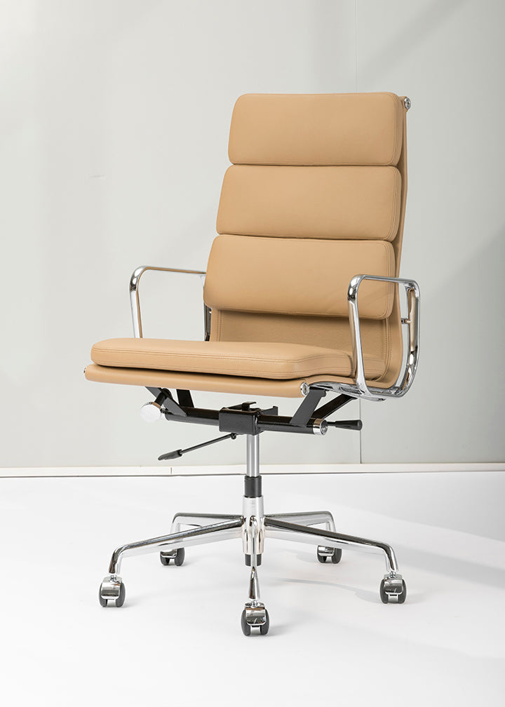 Ergonomic Beige High Back Leather Office Chair - Silver Metal Base & Adjustable Height