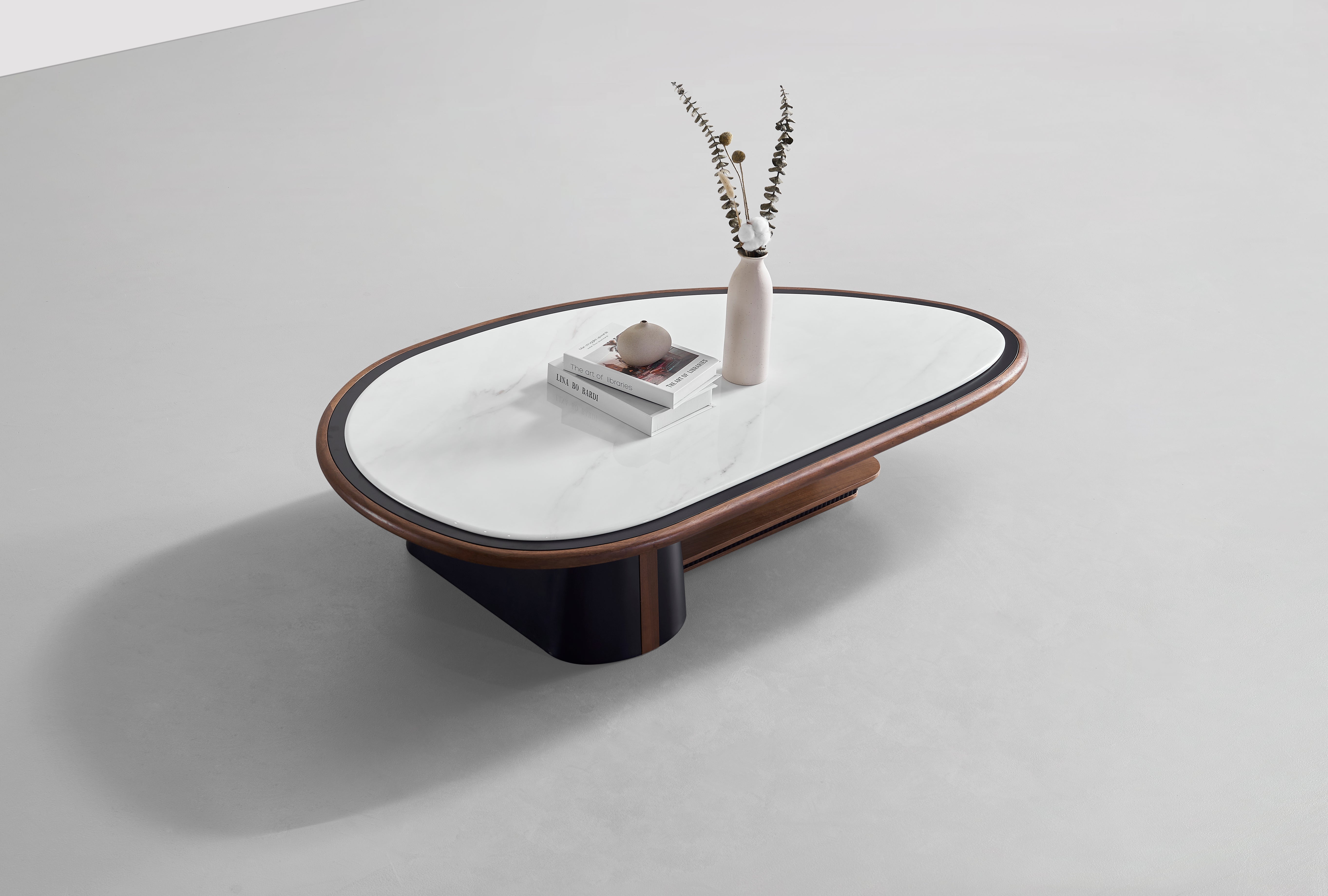 Orion Modern Sculptural Coffee Table | Marble & Walnut Contrast