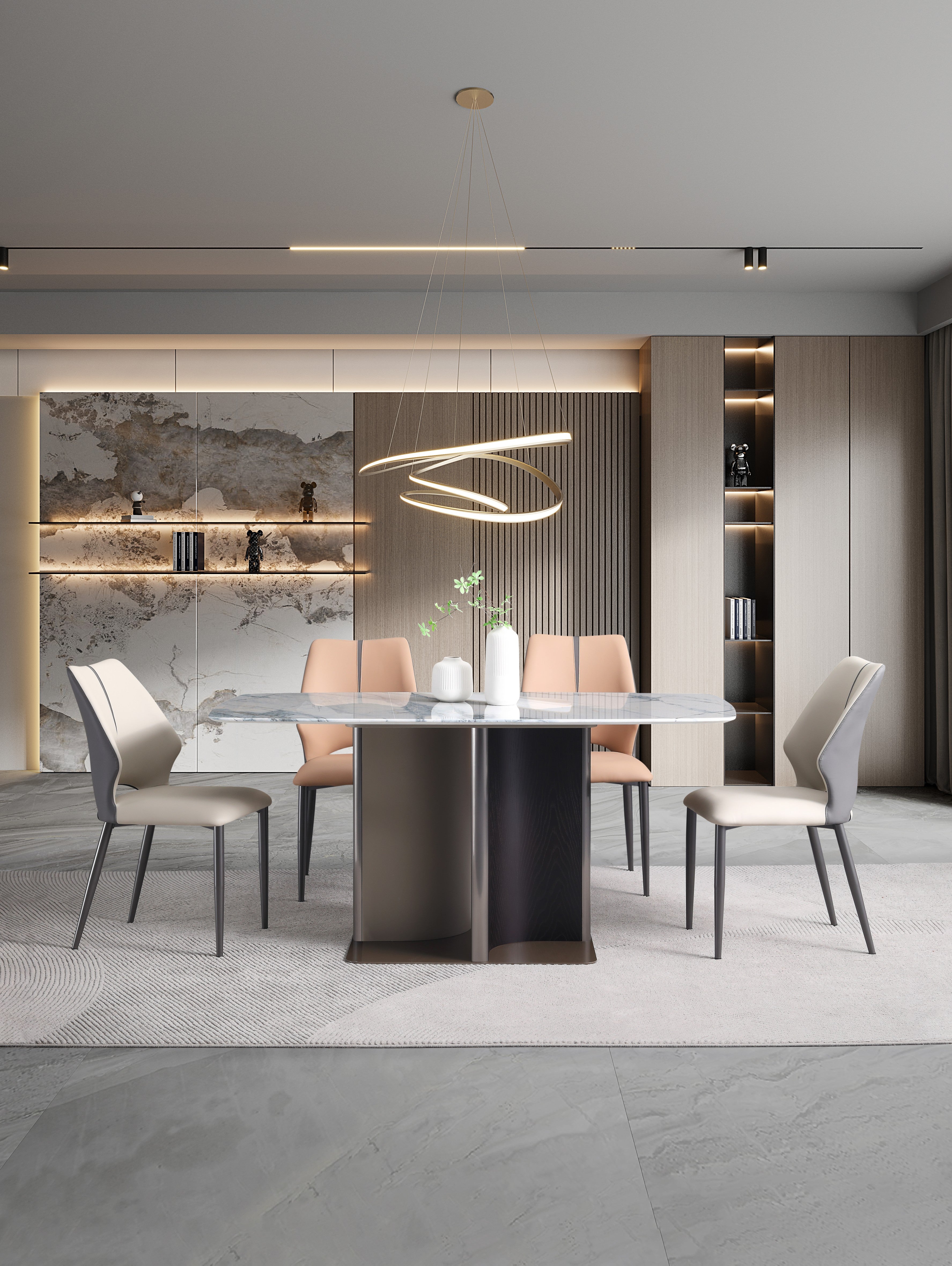 UrbanElegance Dining Set: Stainless Steel & Wood Base with Marble Top