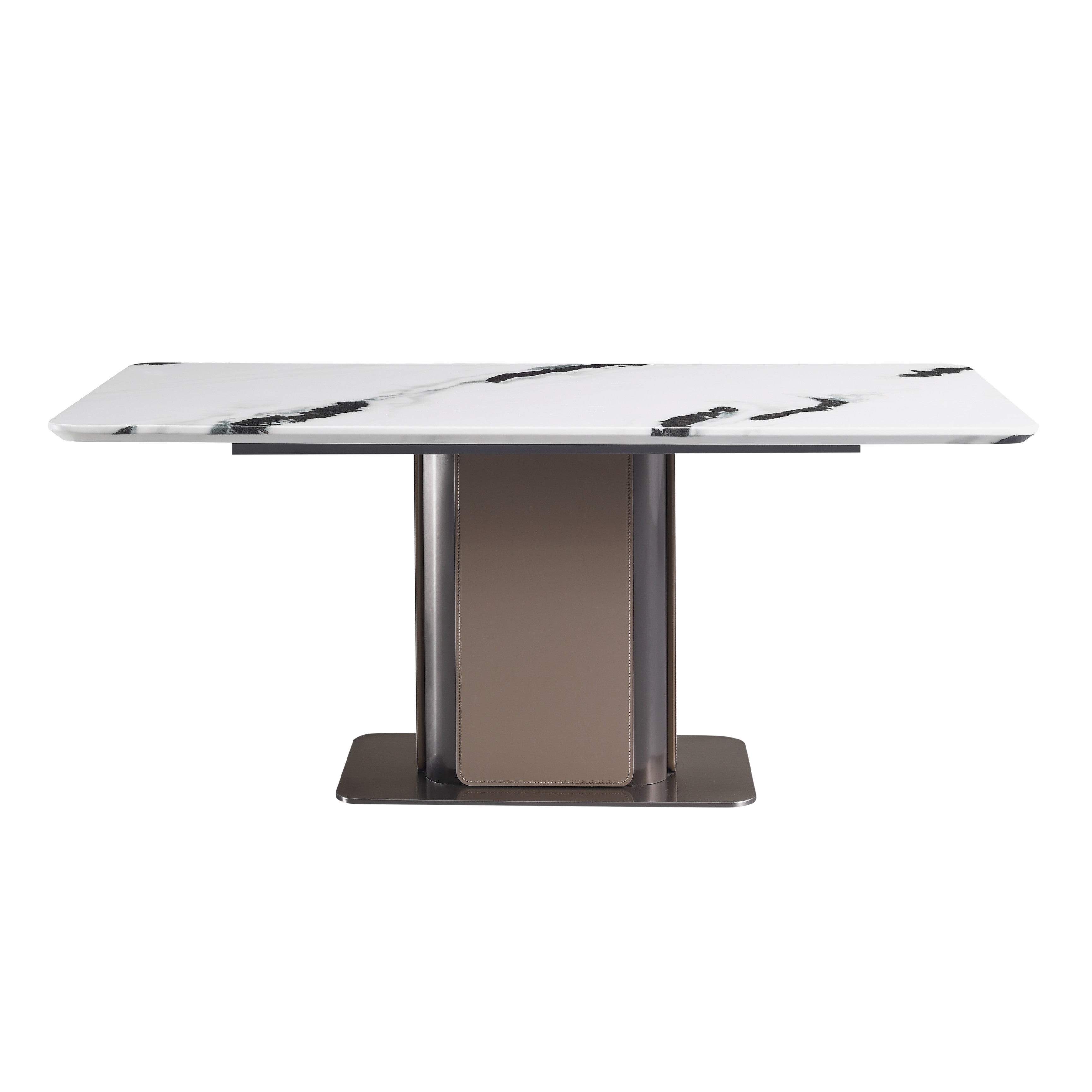Urban Elegance Dining Set: Stainless Steel & Saddle leather Base with Marble Top