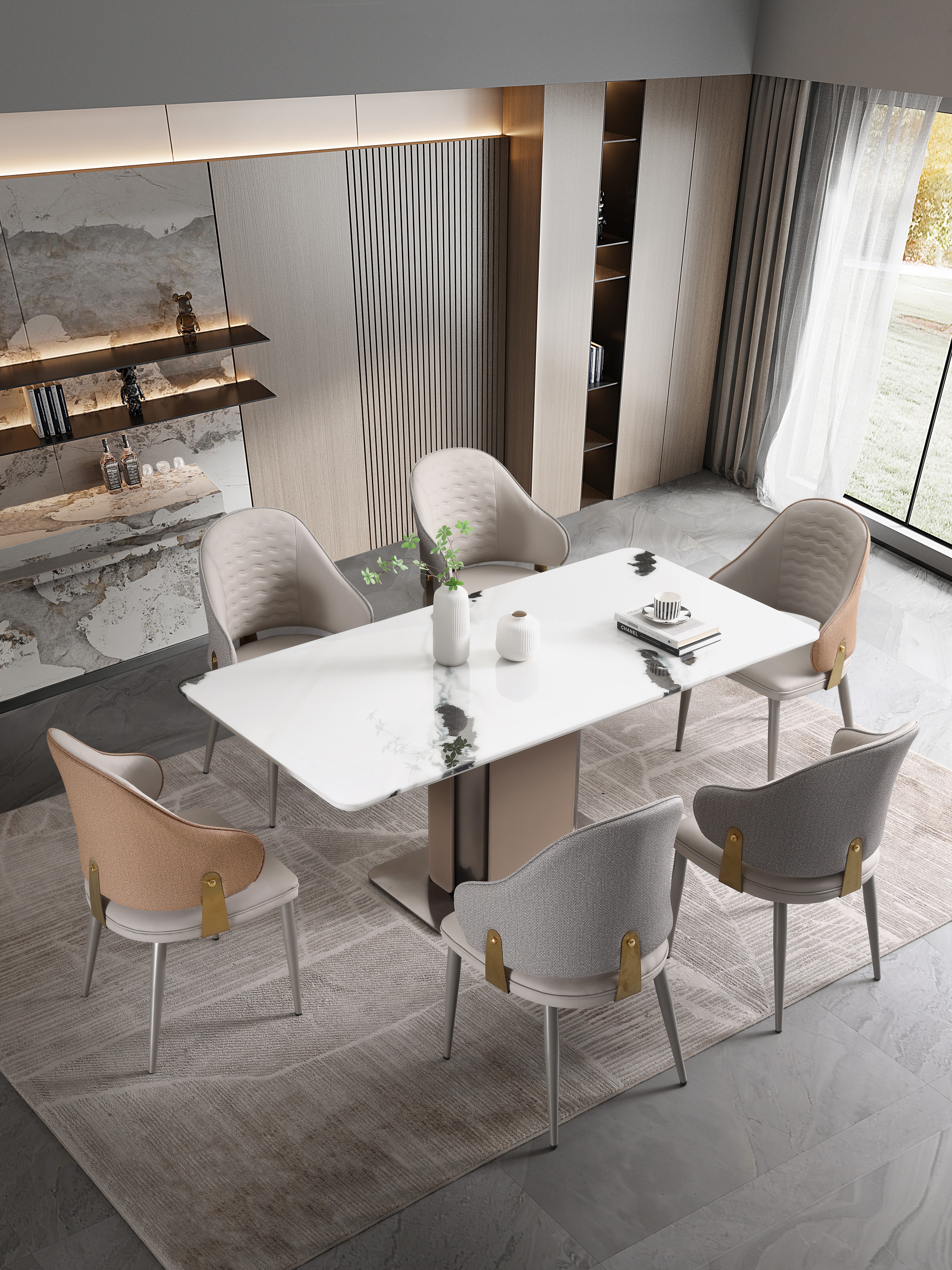 Urban Elegance Dining Set: Stainless Steel & Saddle leather Base with Marble Top