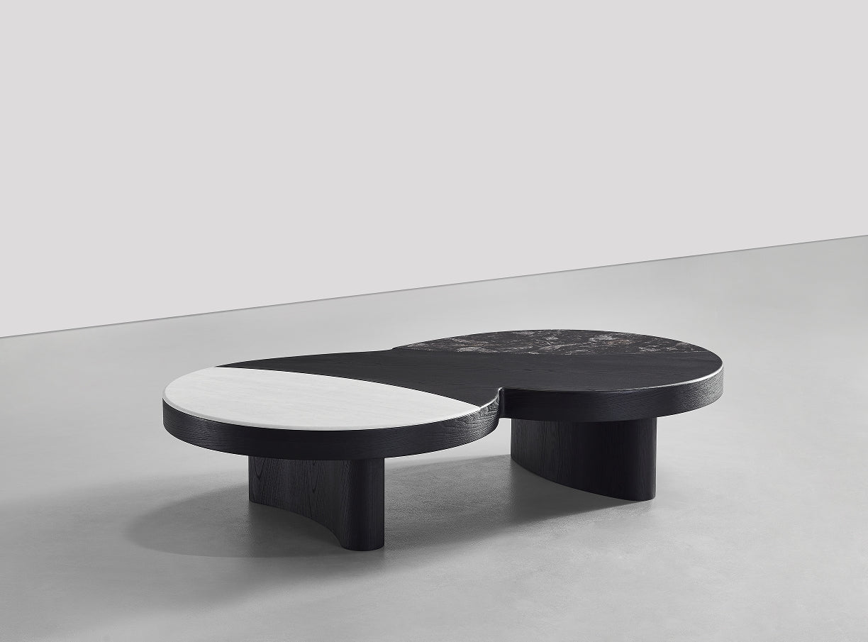 Avant-Garde Sculptural Coffee Table | Tri-Tone Marble & Wood Fusion