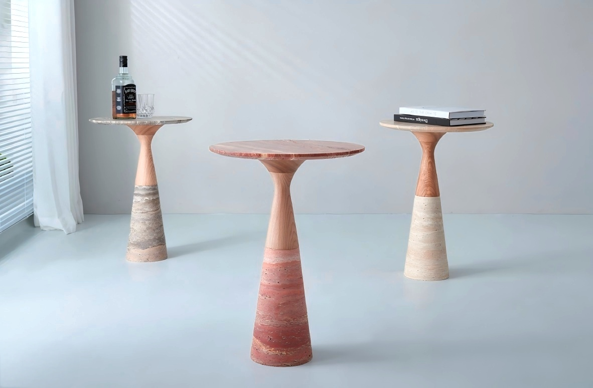 Terra Trio Side Tables | Travertine & Ash Wood Organic Sculpture Series